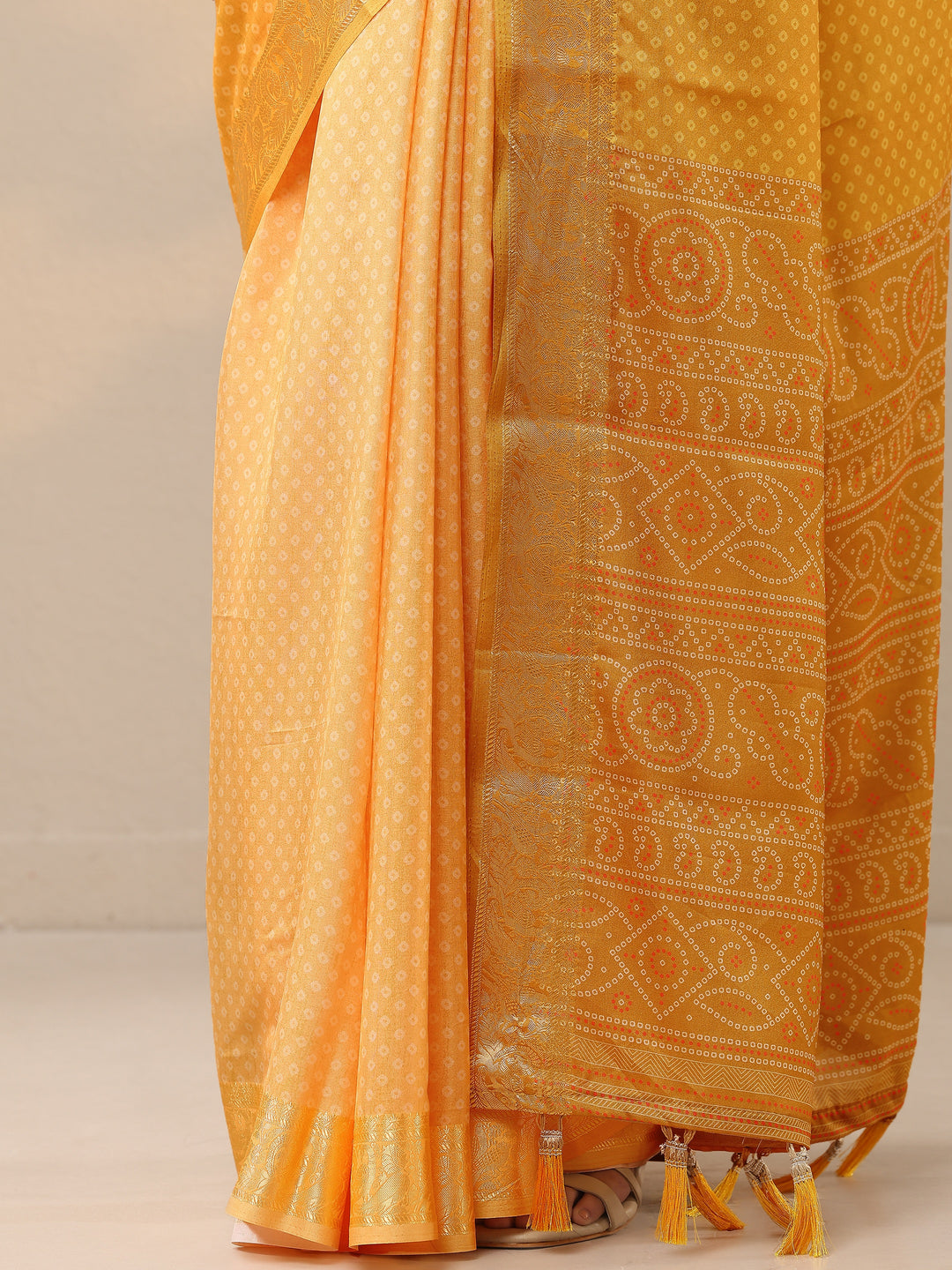  Yellow Bandhani Printed Silk Blend Saree With Unstitched Blouse Piece 