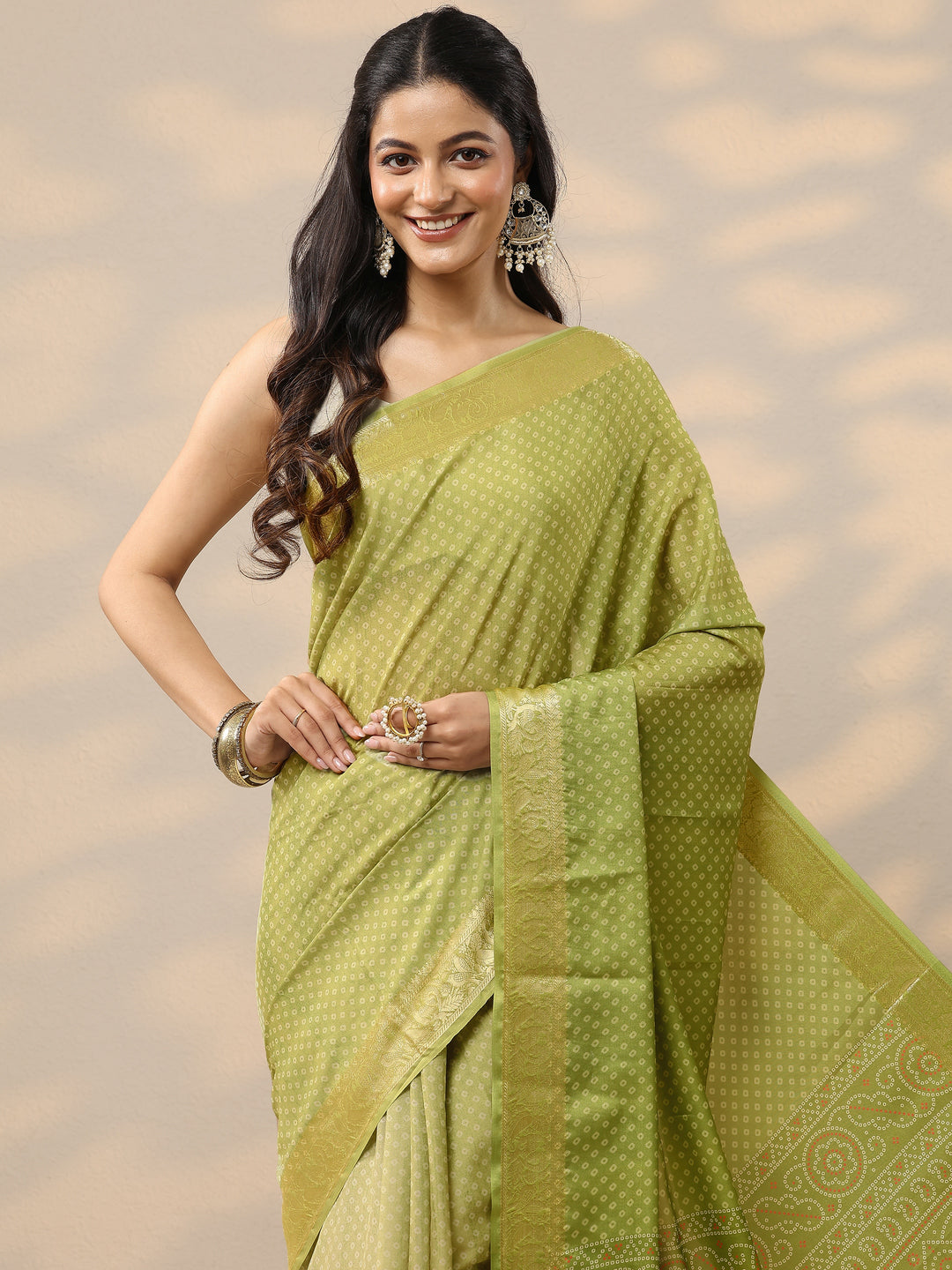  Green Bandhani Printed Silk Blend Saree With Unstitched Blouse Piece 