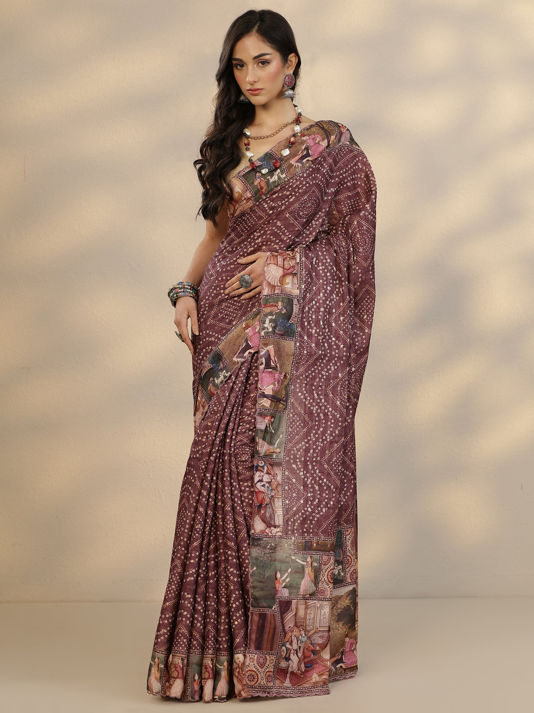  Maroon Bandhani Printed Silk Blend Saree With Unstitched Blouse Piece 