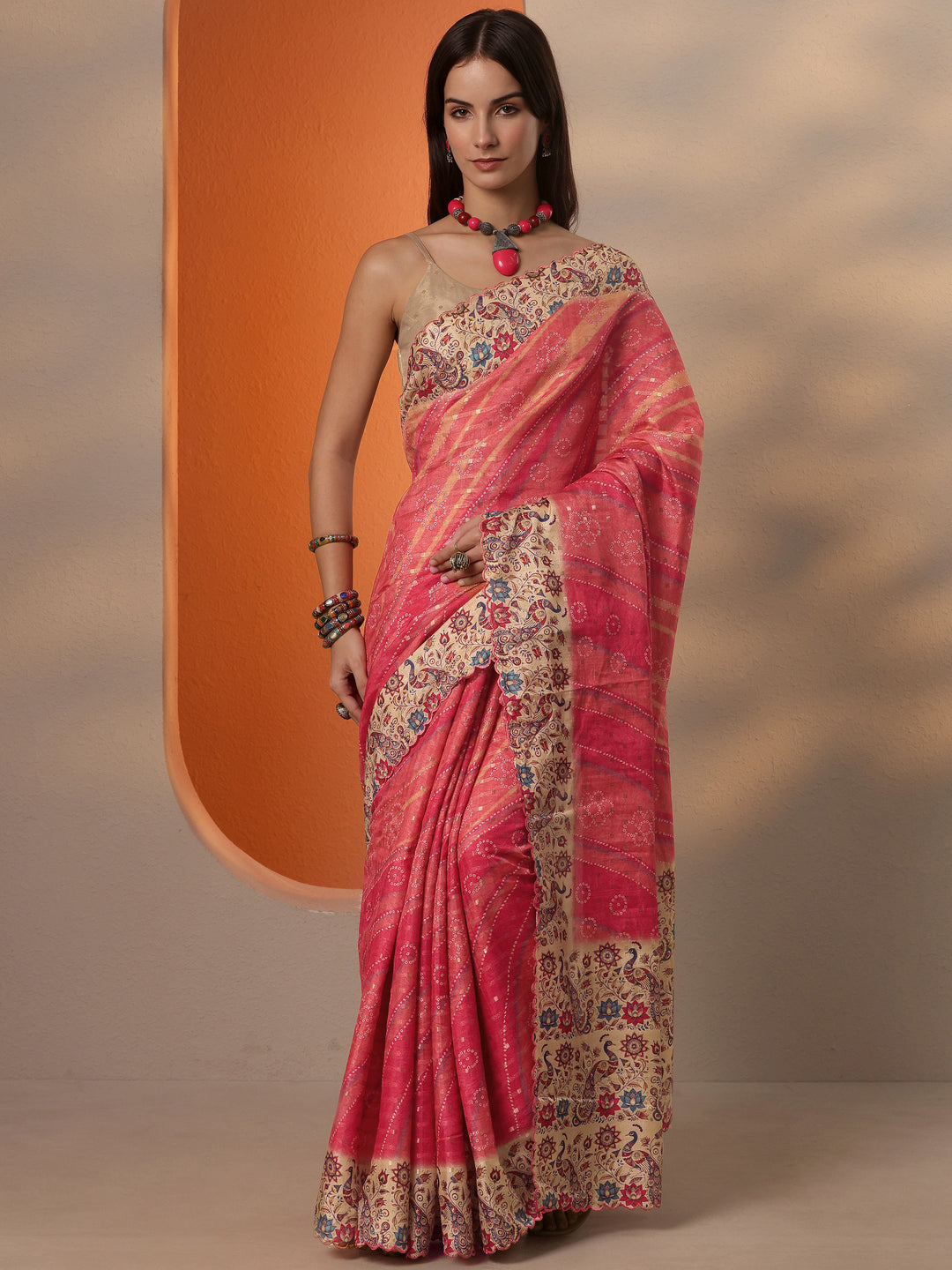  Orange Bandhani Printed Silk Blend Saree With Unstitched Blouse Piece 