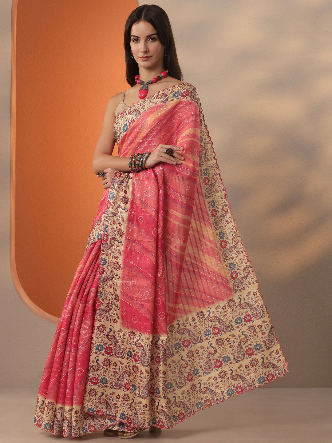  Orange Bandhani Printed Silk Blend Saree With Unstitched Blouse Piece 