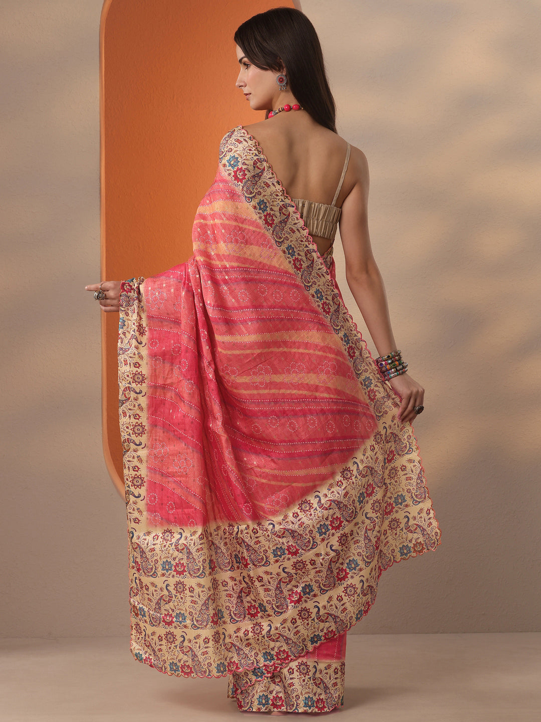  Orange Bandhani Printed Silk Blend Saree With Unstitched Blouse Piece 