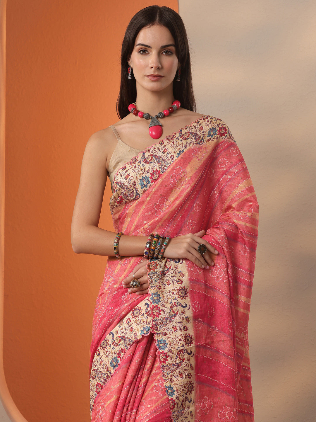  Orange Bandhani Printed Silk Blend Saree With Unstitched Blouse Piece 