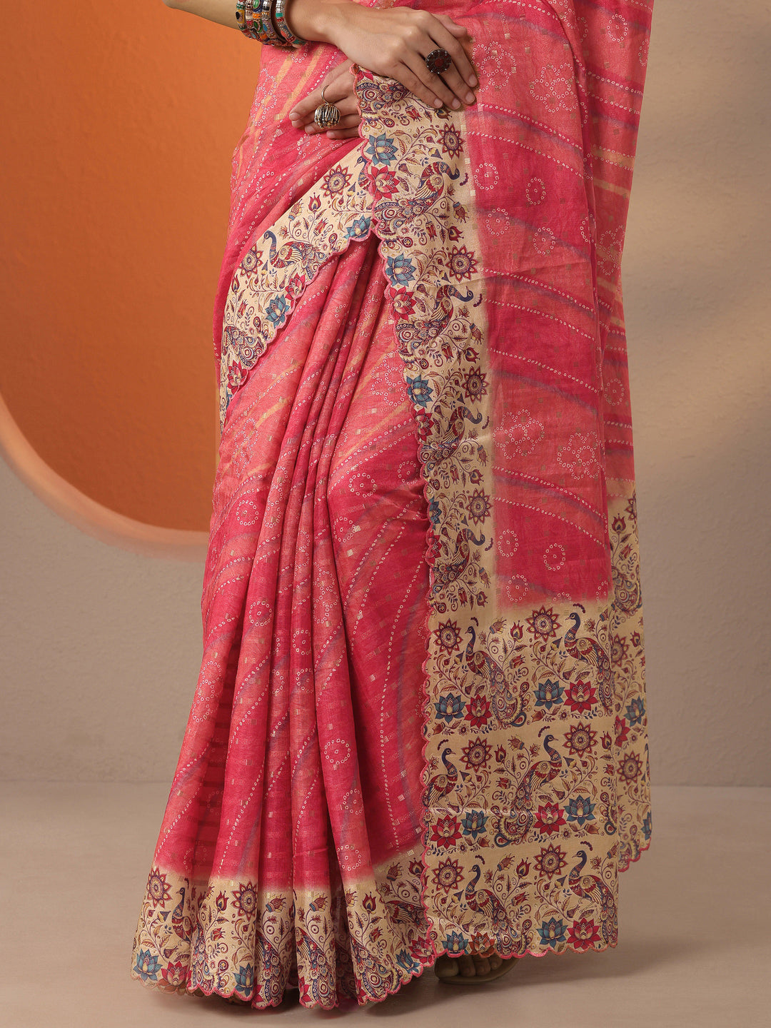  Orange Bandhani Printed Silk Blend Saree With Unstitched Blouse Piece 