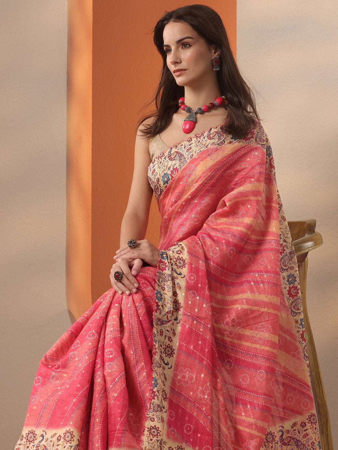  Orange Bandhani Printed Silk Blend Saree With Unstitched Blouse Piece 