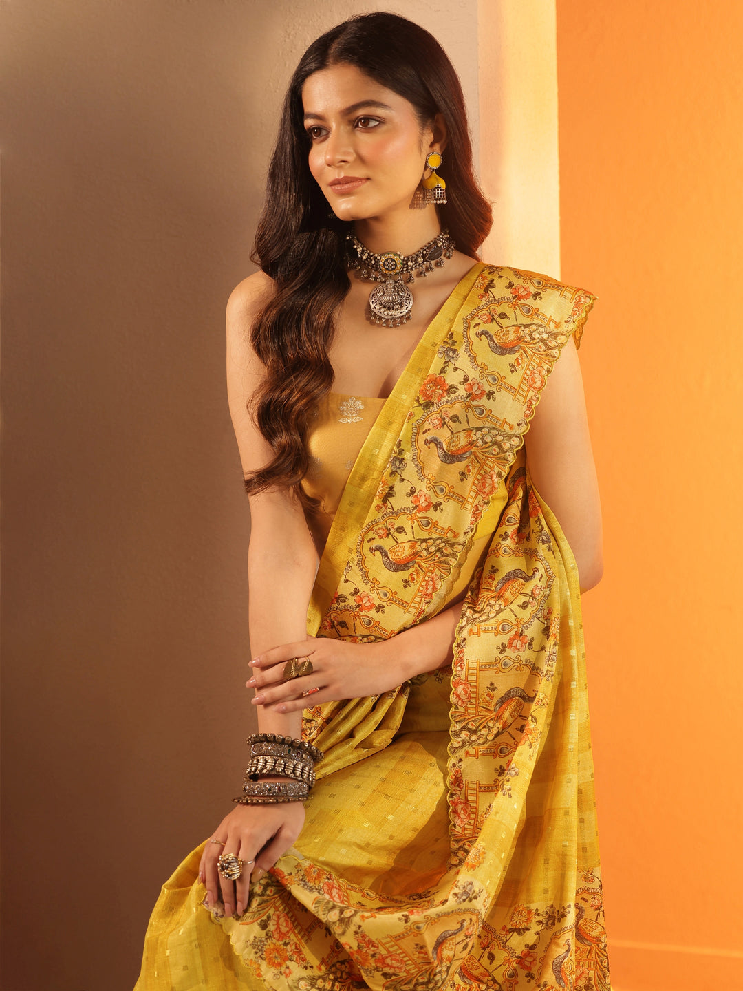  Yellow Woven Design Silk Blend Saree With Unstitched Blouse Piece 