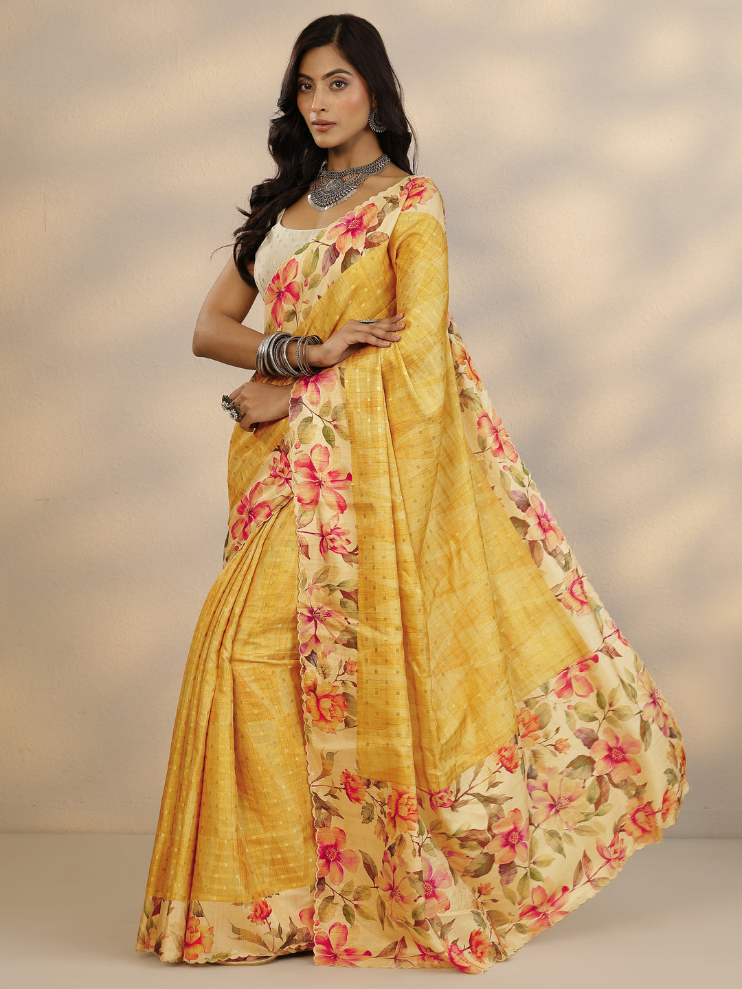  Yellow Woven Design Silk Blend Saree With Unstitched Blouse Piece 