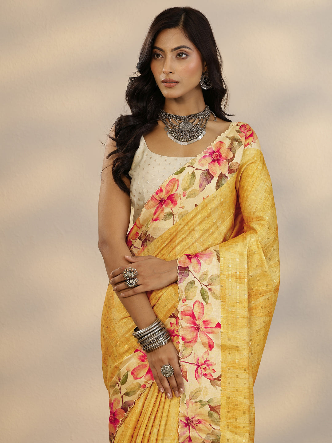  Yellow Woven Design Silk Blend Saree With Unstitched Blouse Piece 