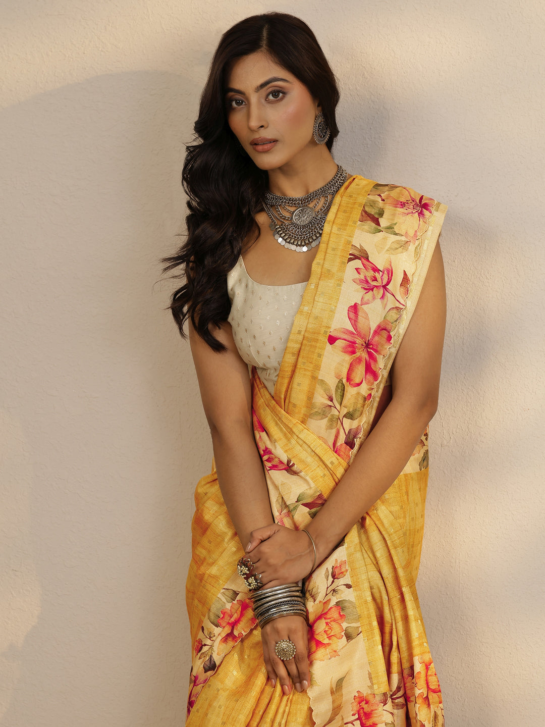  Yellow Woven Design Silk Blend Saree With Unstitched Blouse Piece 