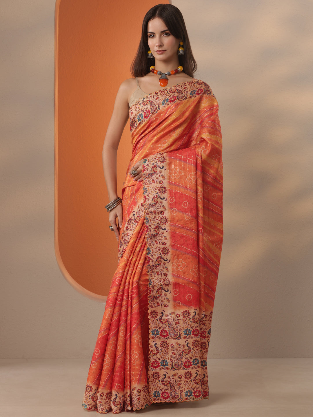  Orange Bandhani Woven Design Silk Blend Saree With Unstitched Blouse Piece 