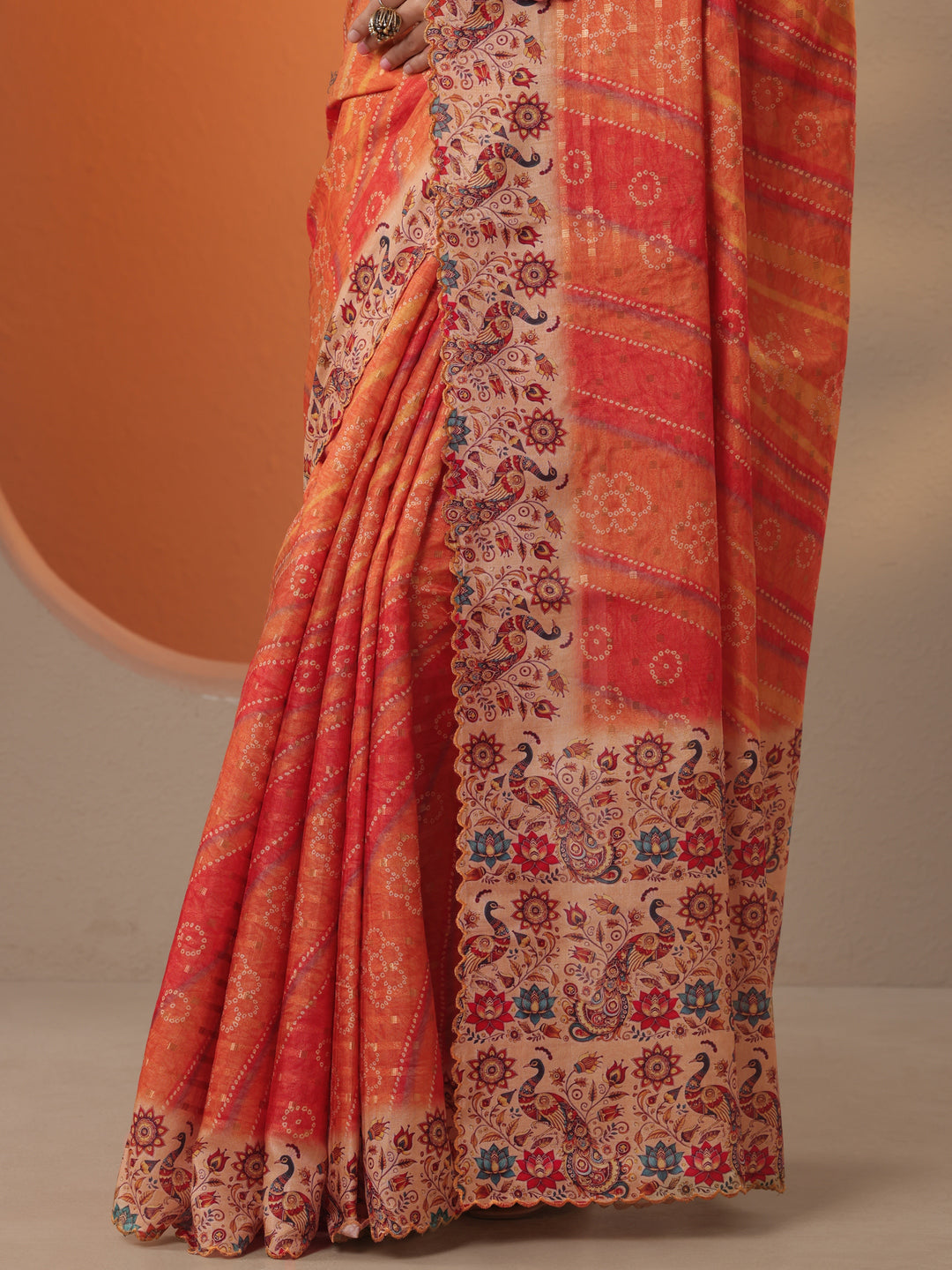  Orange Bandhani Woven Design Silk Blend Saree With Unstitched Blouse Piece 