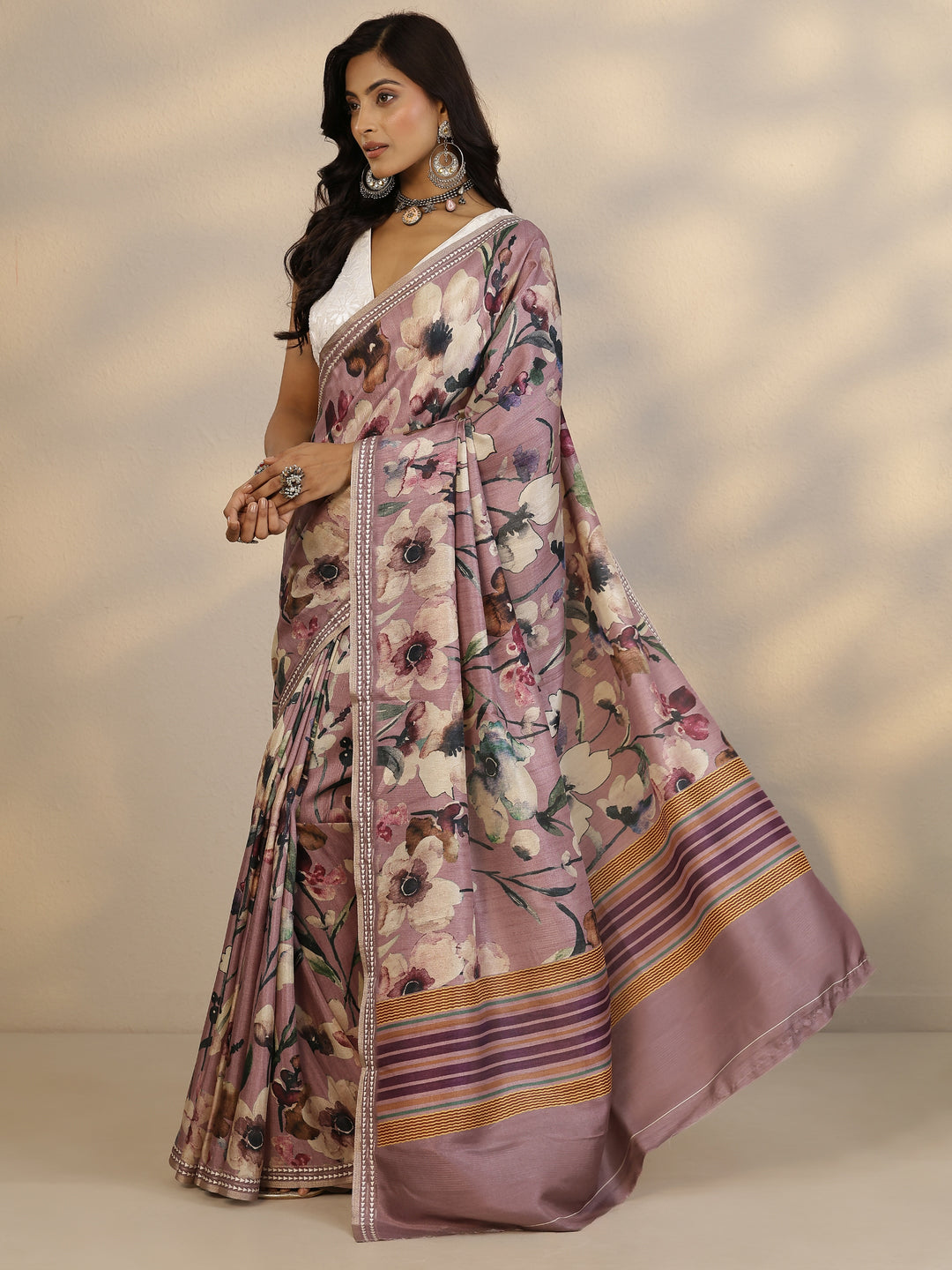  Mauve Printed Silk Blend Saree With Unstitched Blouse Piece 