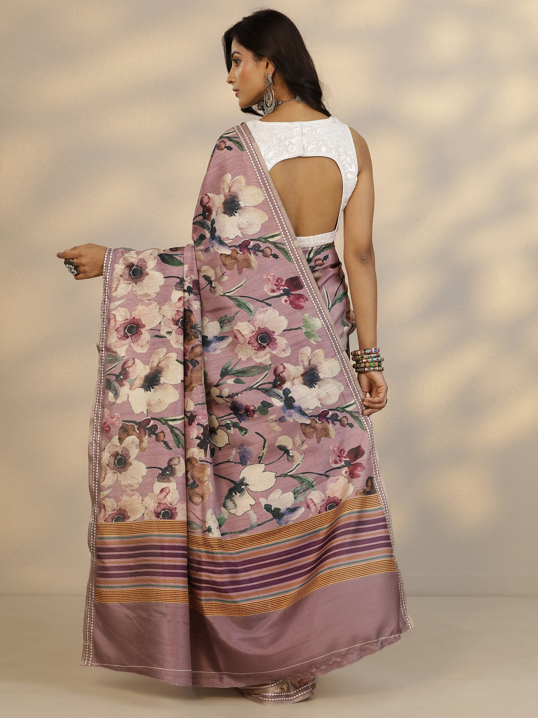  Mauve Printed Silk Blend Saree With Unstitched Blouse Piece 
