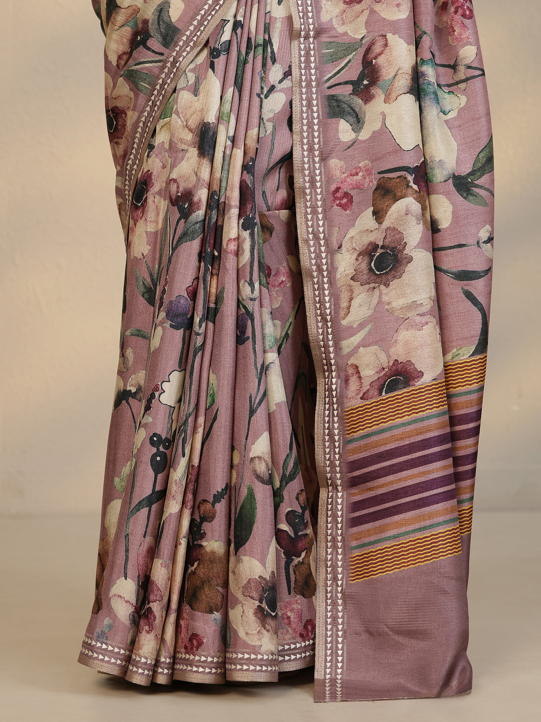  Mauve Printed Silk Blend Saree With Unstitched Blouse Piece 