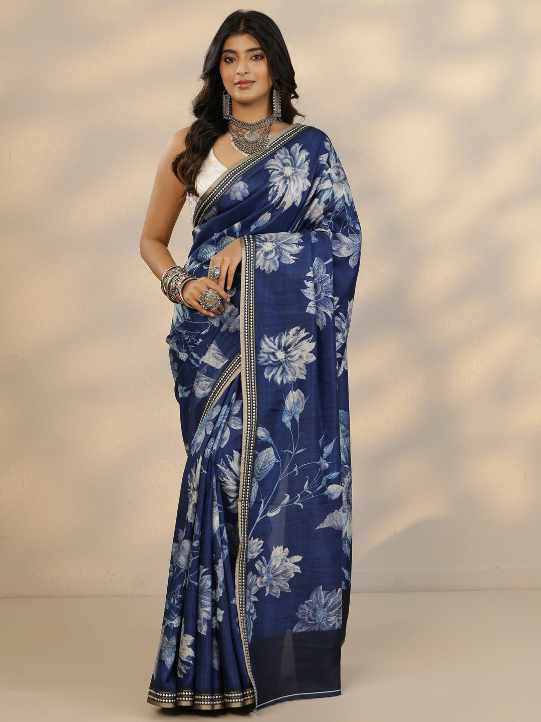 Blue Printed Silk Blend Saree With Unstitched Blouse Piece 