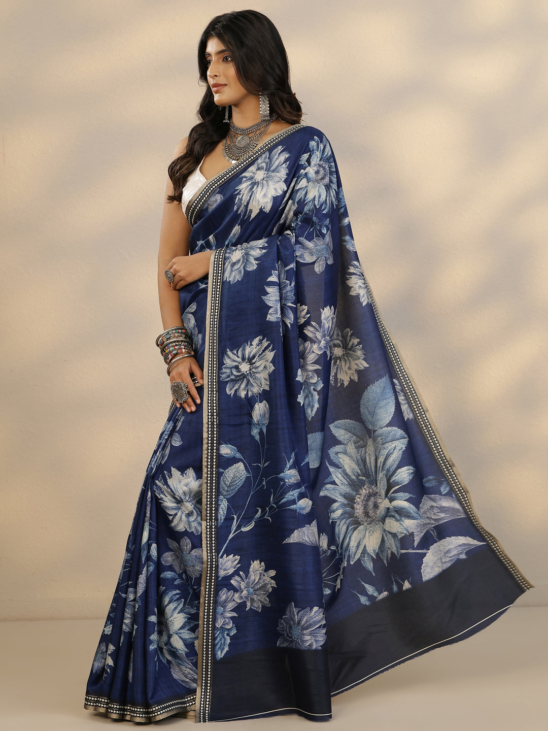  Blue Printed Silk Blend Saree With Unstitched Blouse Piece 