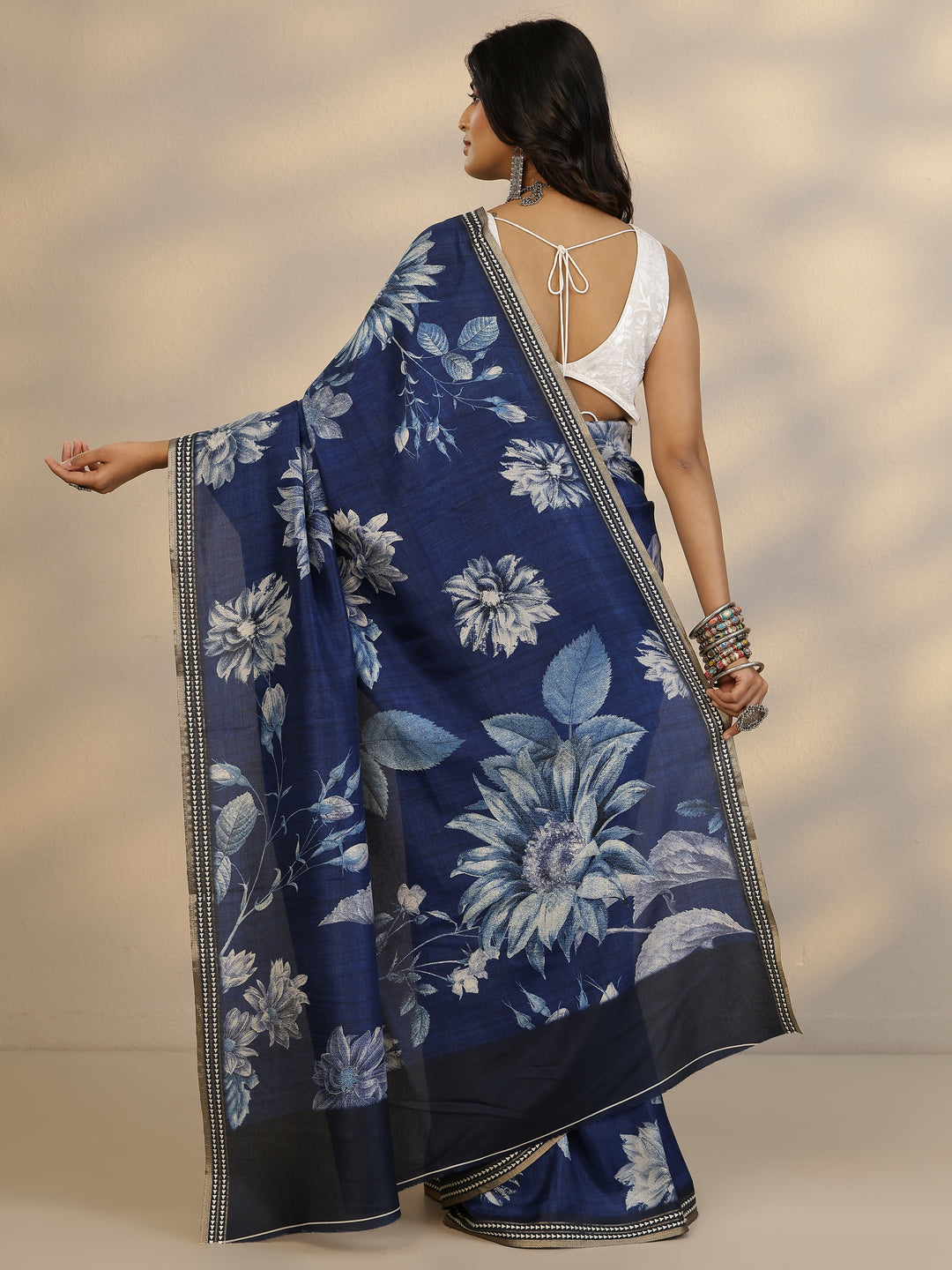  Blue Printed Silk Blend Saree With Unstitched Blouse Piece 