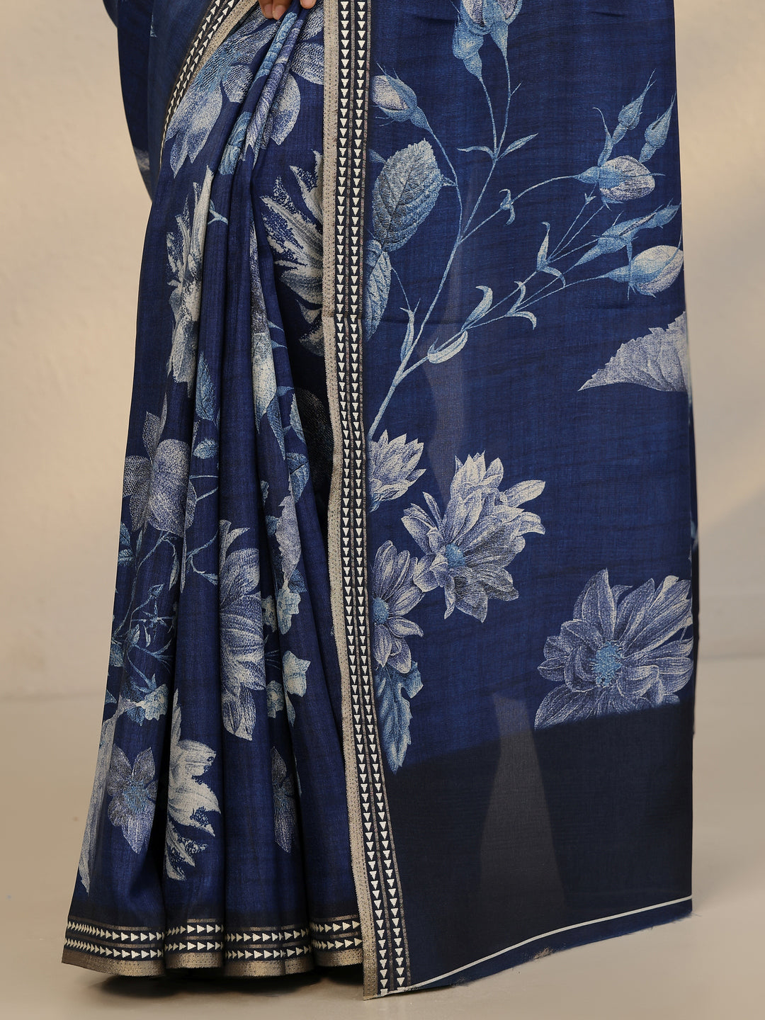  Blue Printed Silk Blend Saree With Unstitched Blouse Piece 