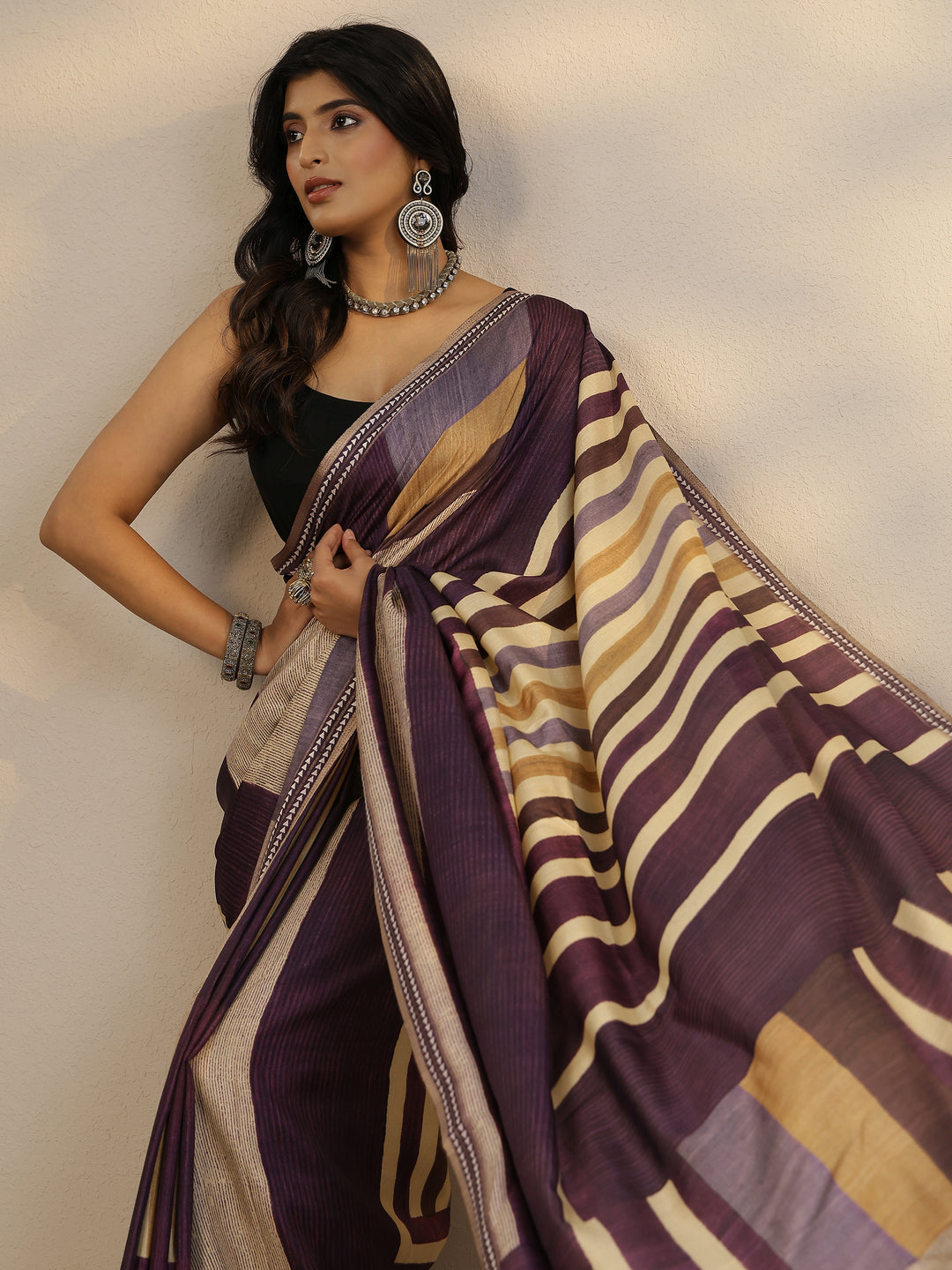  Purple Printed Silk Blend Saree With Unstitched Blouse Piece 