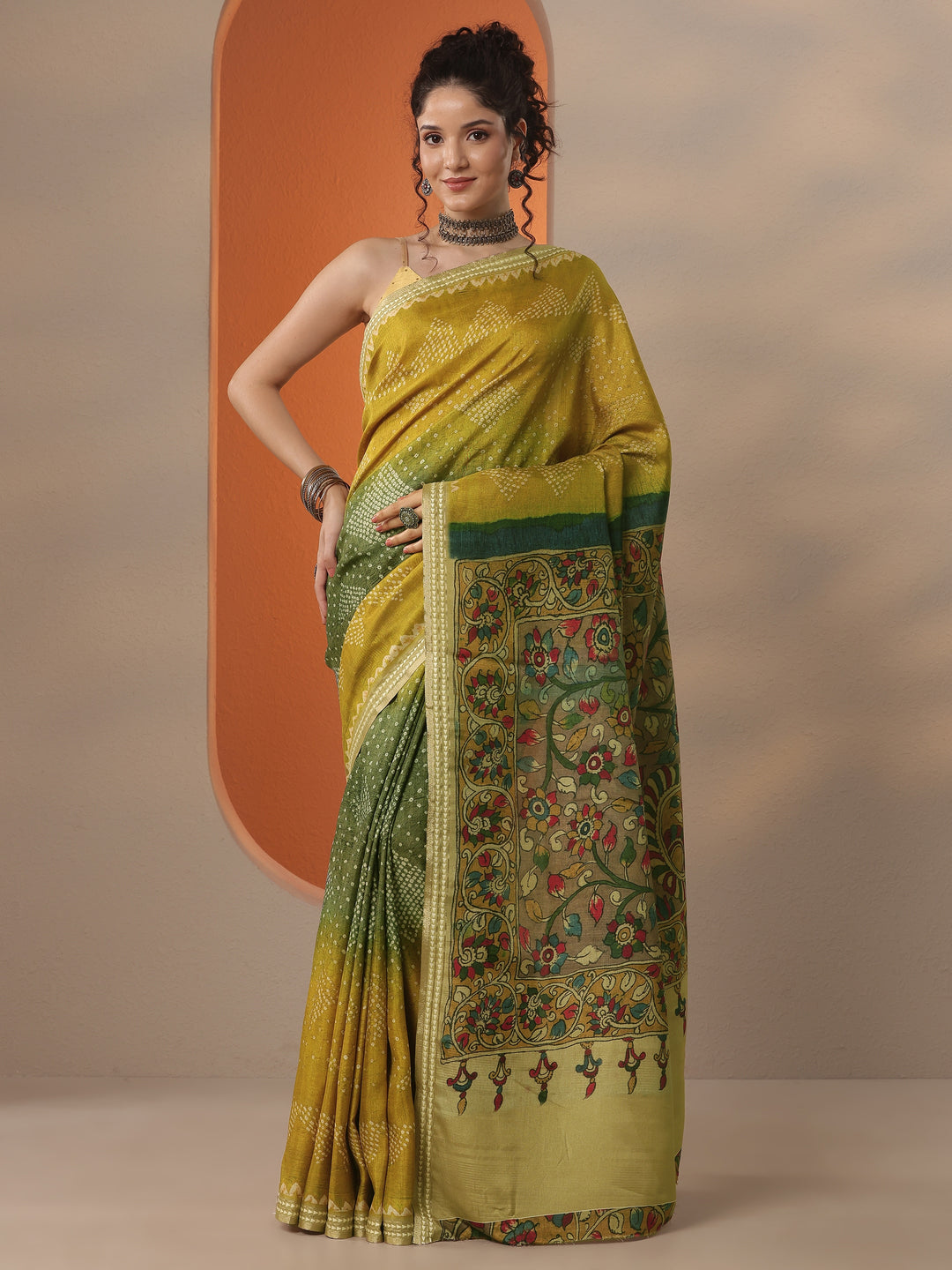  Green Bandhani Printed Silk Blend Saree With Unstitched Blouse Piece 