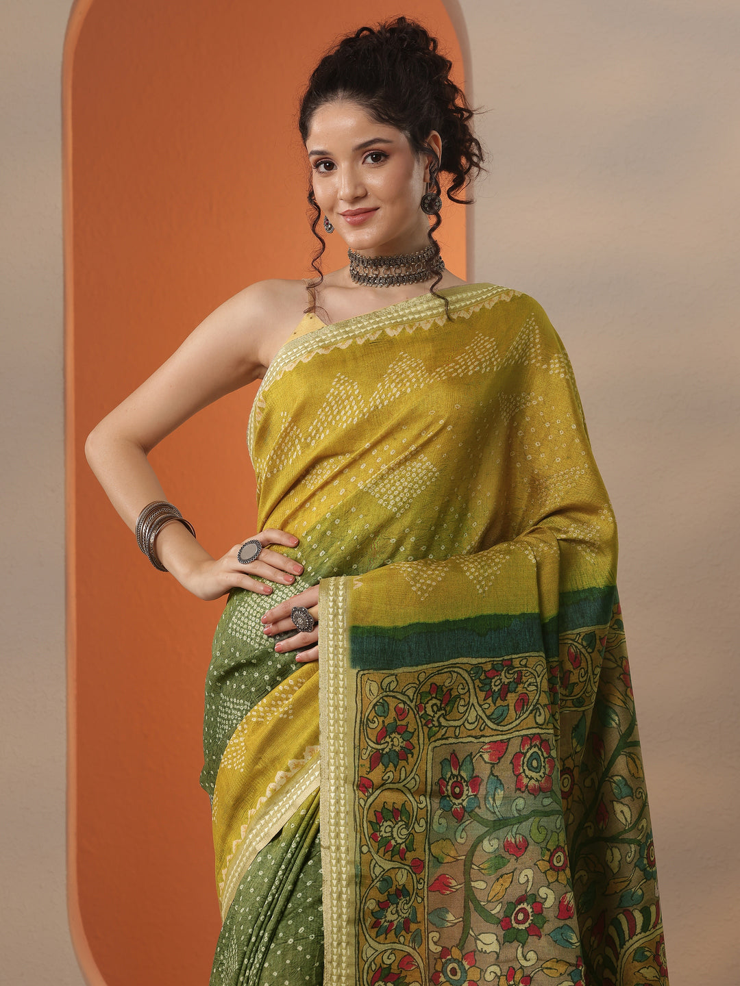  Green Bandhani Printed Silk Blend Saree With Unstitched Blouse Piece 