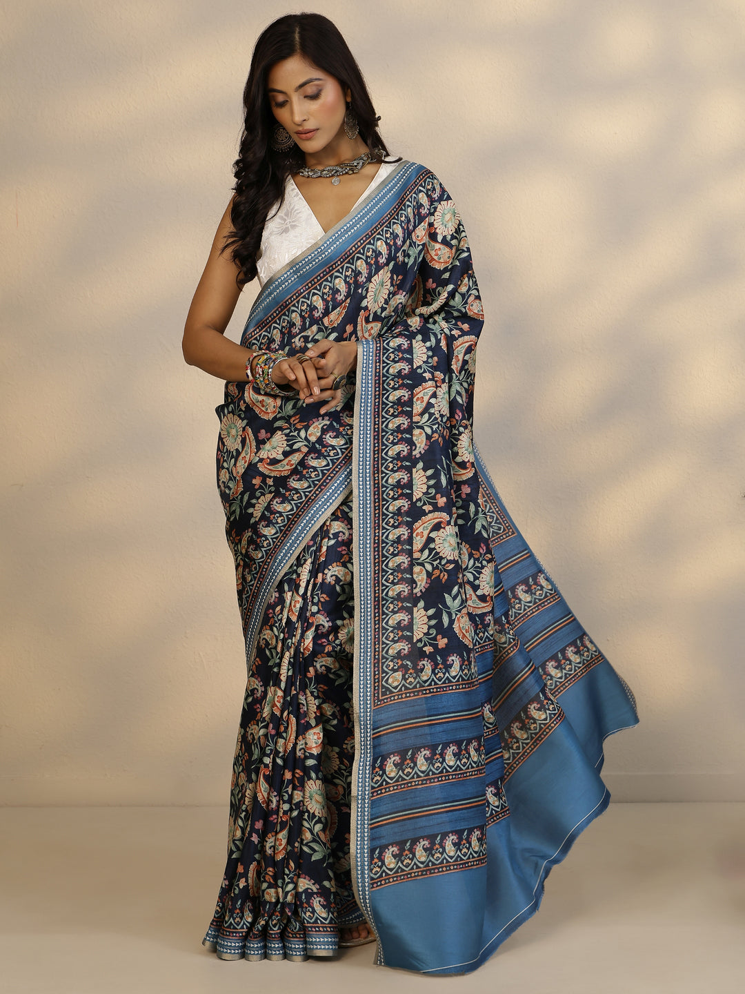  Blue Printed Silk Blend Saree With Unstitched Blouse Piece 