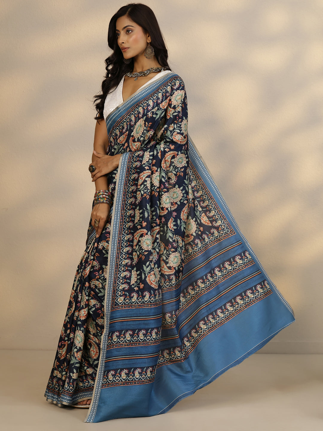  Blue Printed Silk Blend Saree With Unstitched Blouse Piece 