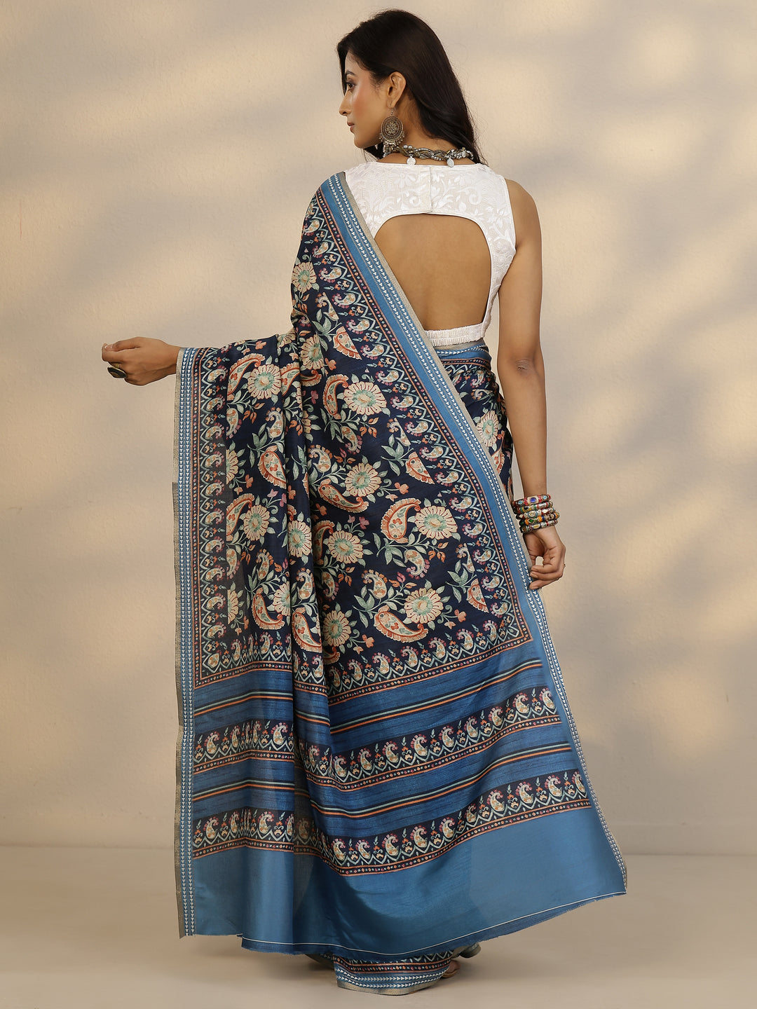  Blue Printed Silk Blend Saree With Unstitched Blouse Piece 