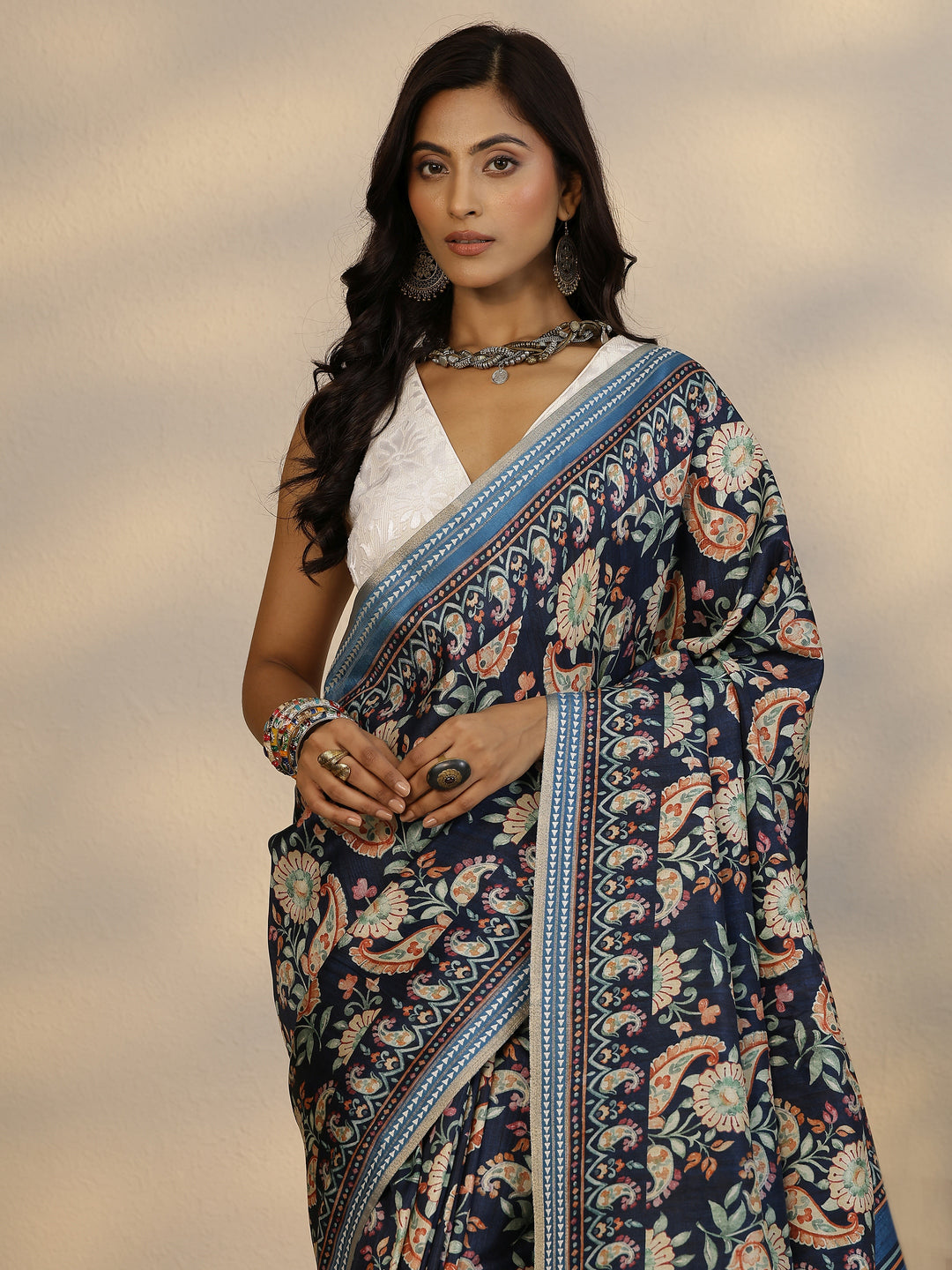  Blue Printed Silk Blend Saree With Unstitched Blouse Piece 