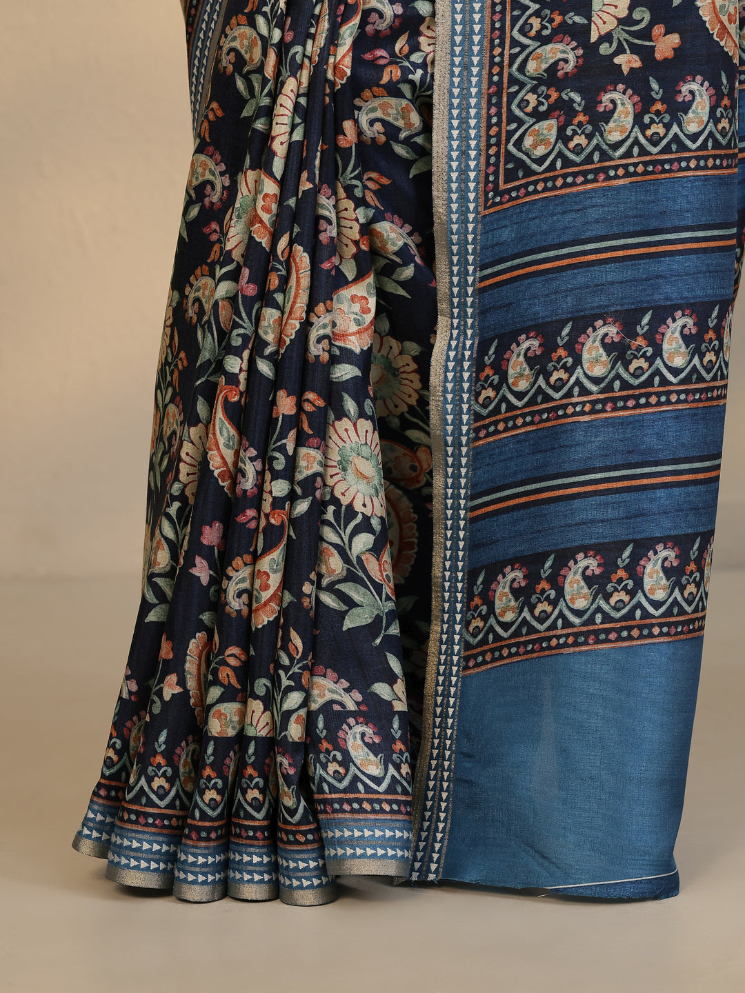  Blue Printed Silk Blend Saree With Unstitched Blouse Piece 