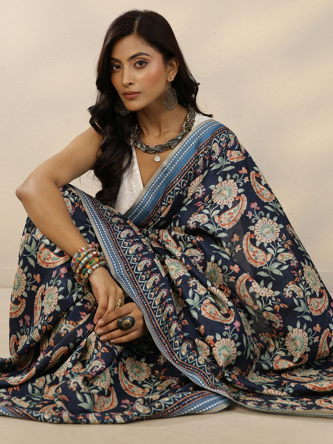  Blue Printed Silk Blend Saree With Unstitched Blouse Piece 