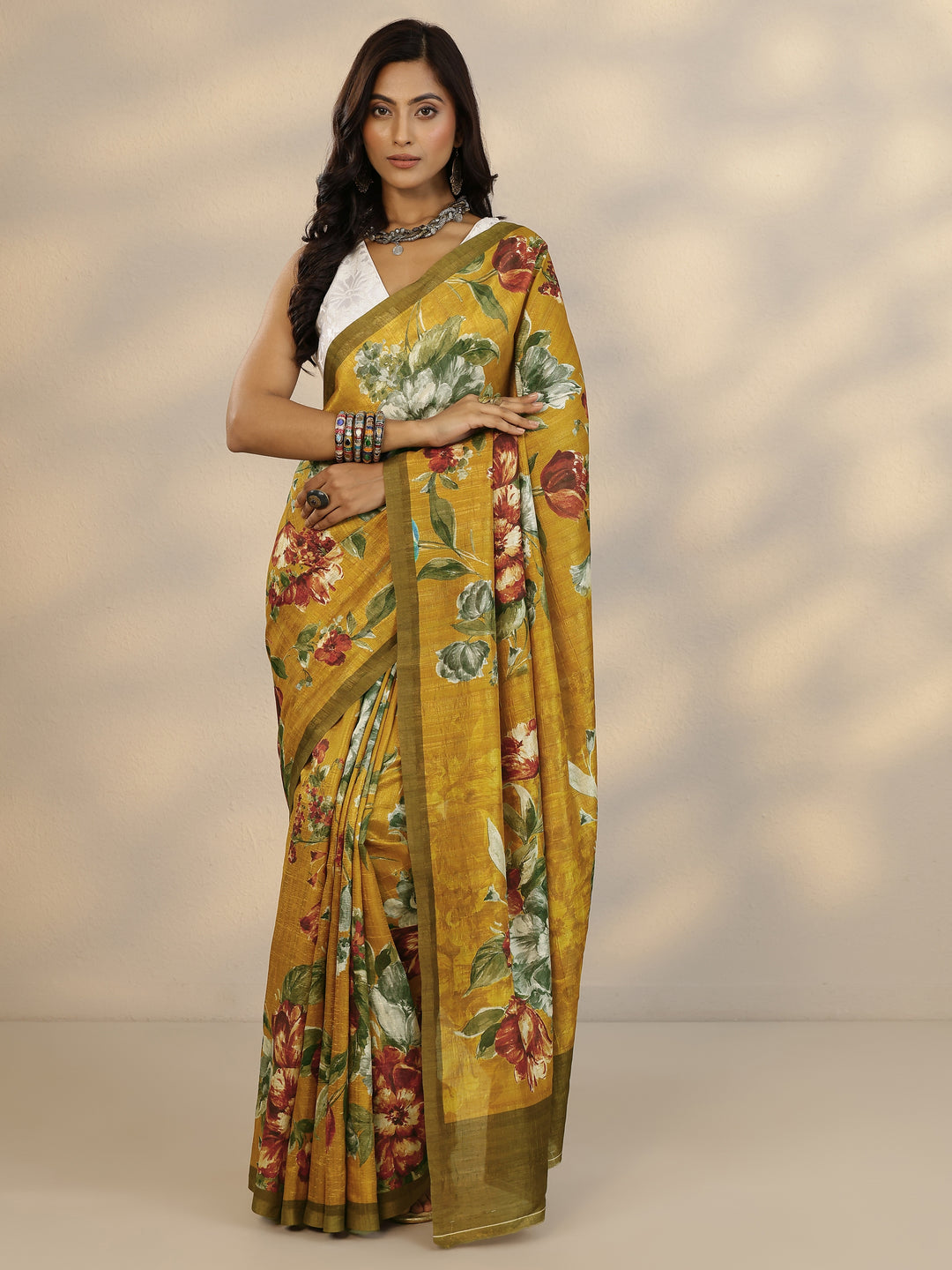  Mustard Printed Silk Blend Saree With Unstitched Blouse Piece 