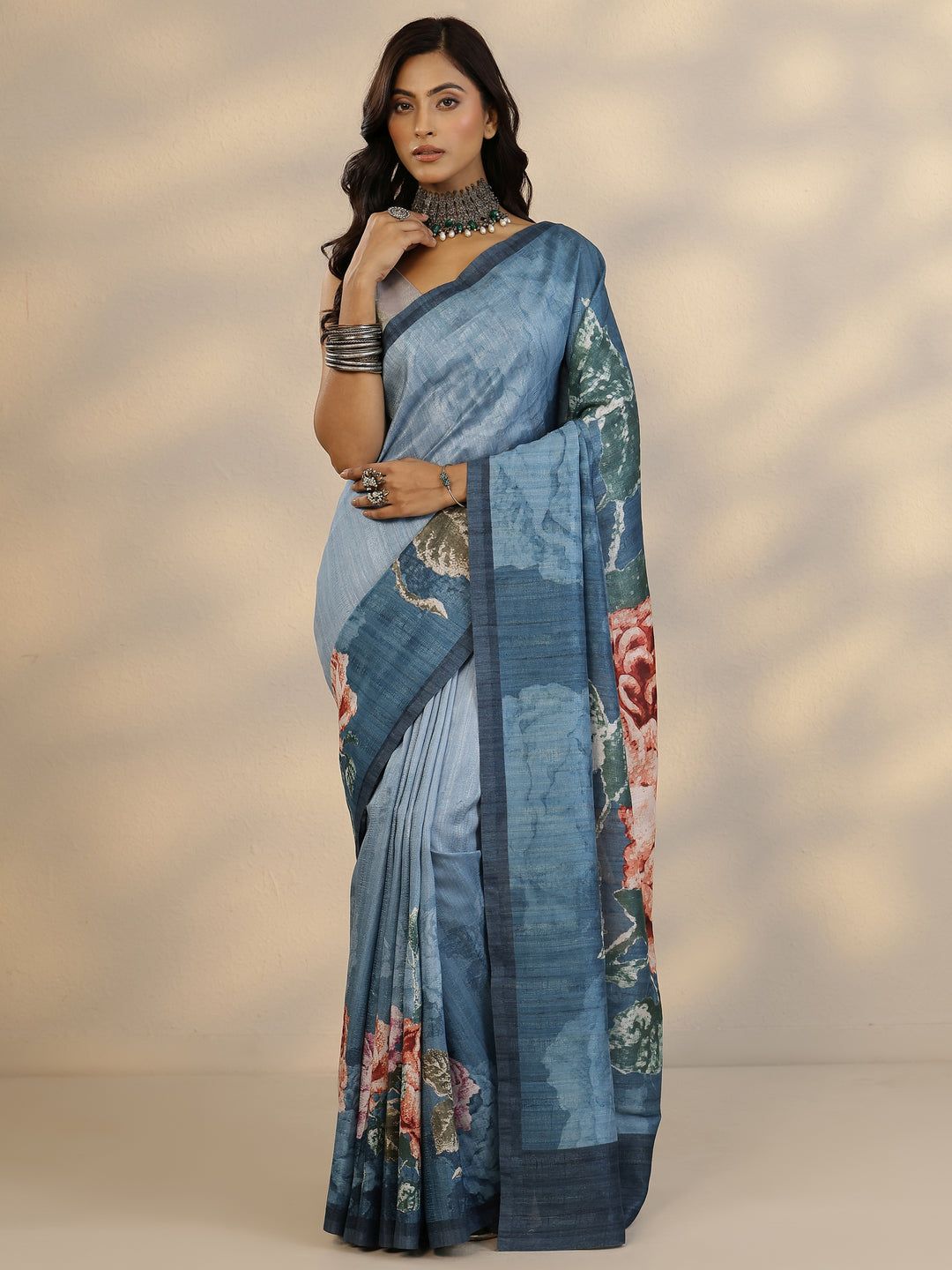 Blue Printed Silk Blend Saree With Unstitched Blouse Piece 