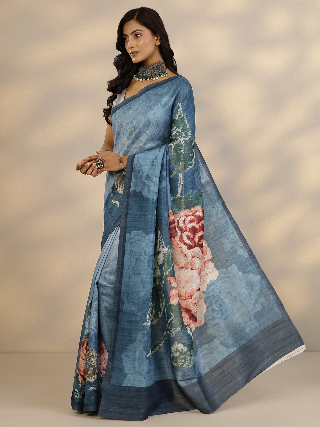  Blue Printed Silk Blend Saree With Unstitched Blouse Piece 