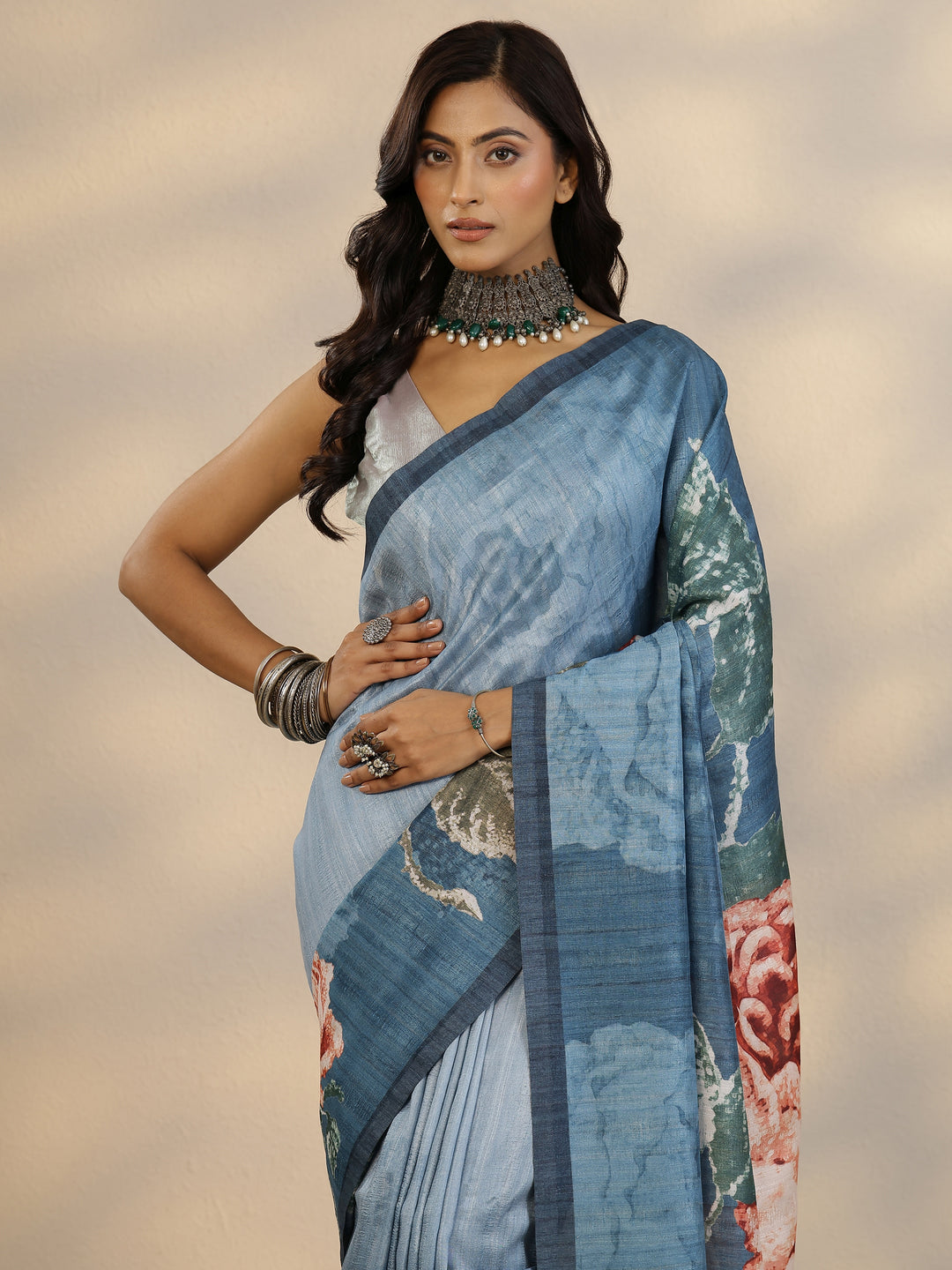  Blue Printed Silk Blend Saree With Unstitched Blouse Piece 
