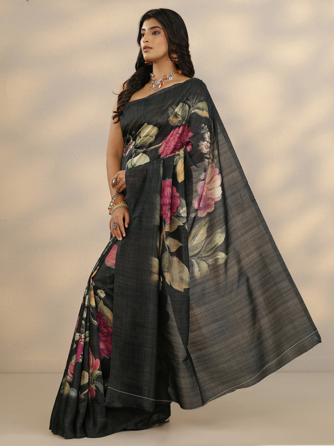  Black Printed Silk Blend Saree With Unstitched Blouse Piece 