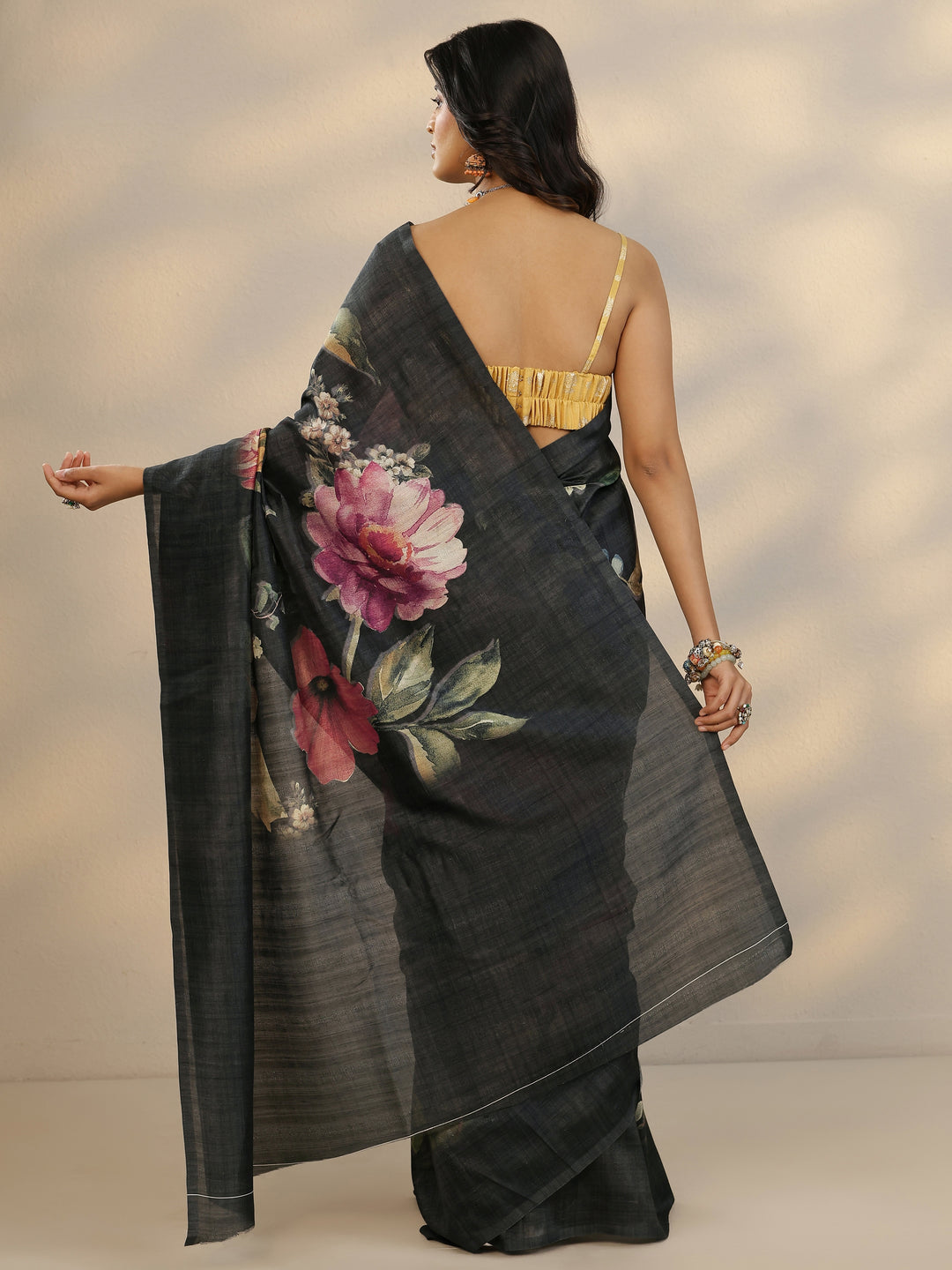  Black Printed Silk Blend Saree With Unstitched Blouse Piece 