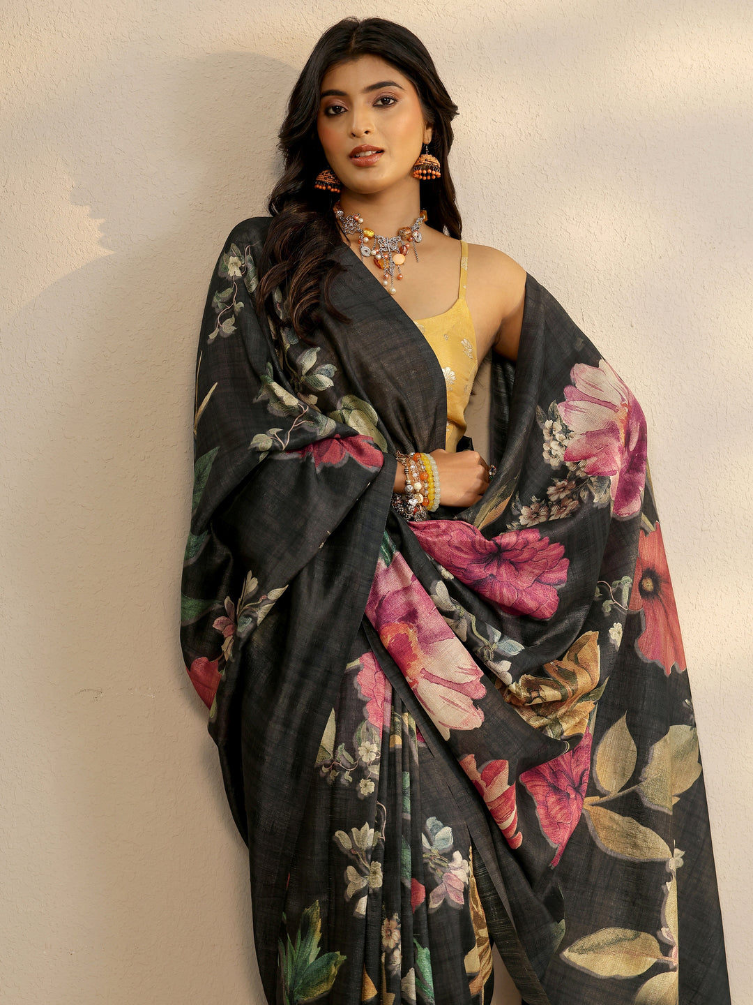  Black Printed Silk Blend Saree With Unstitched Blouse Piece 