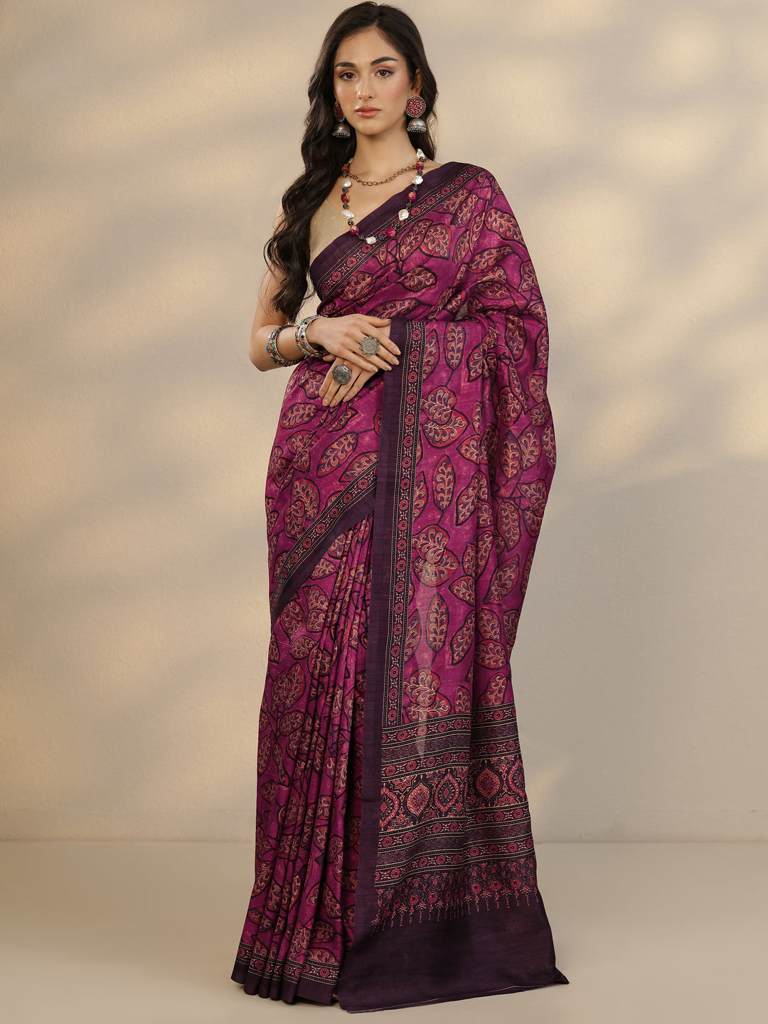  Burgundy Printed Silk Blend Saree With Unstitched Blouse Piece 