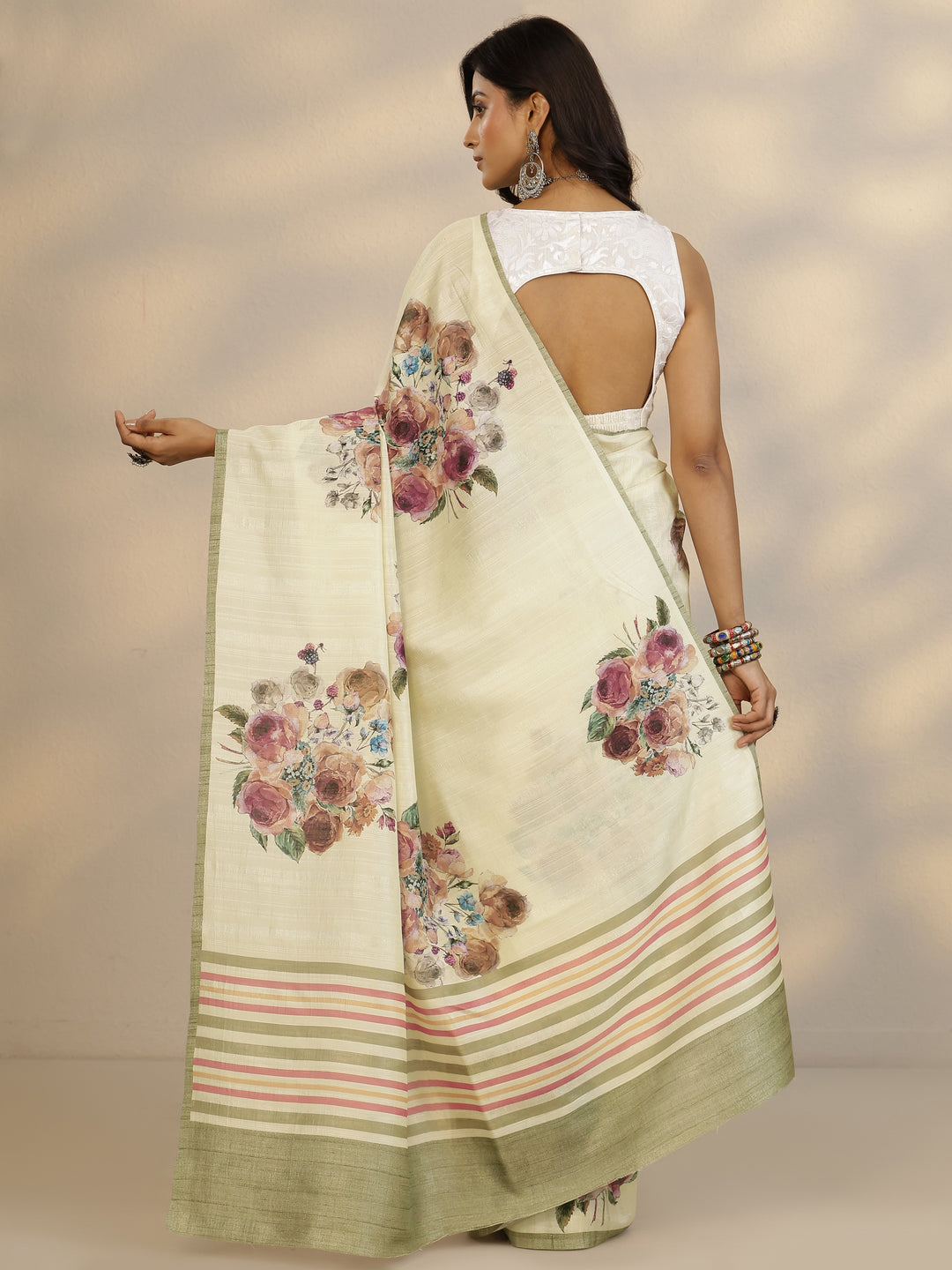  Cream Printed Silk Blend Saree With Unstitched Blouse Piece 
