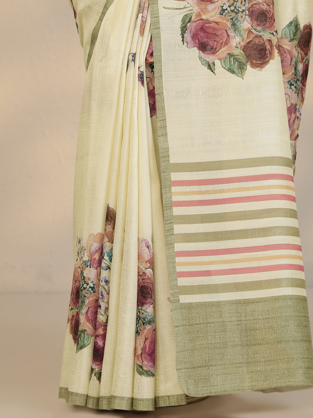  Cream Printed Silk Blend Saree With Unstitched Blouse Piece 