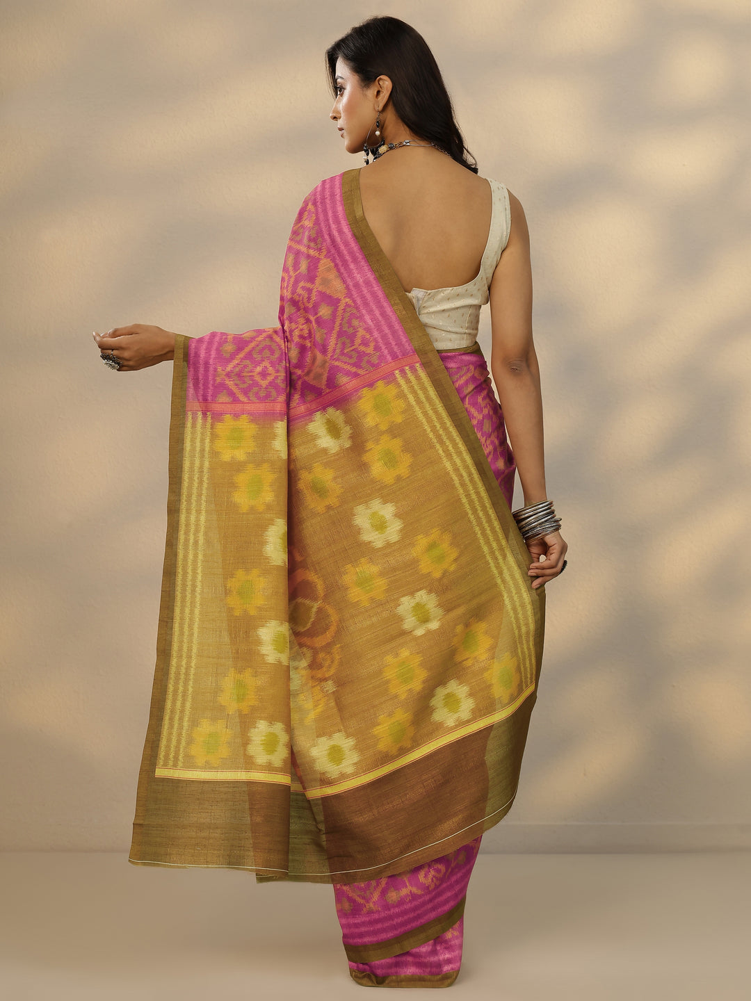  Pink Ikkat Printed Silk Blend Saree With Unstitched Blouse Piece 