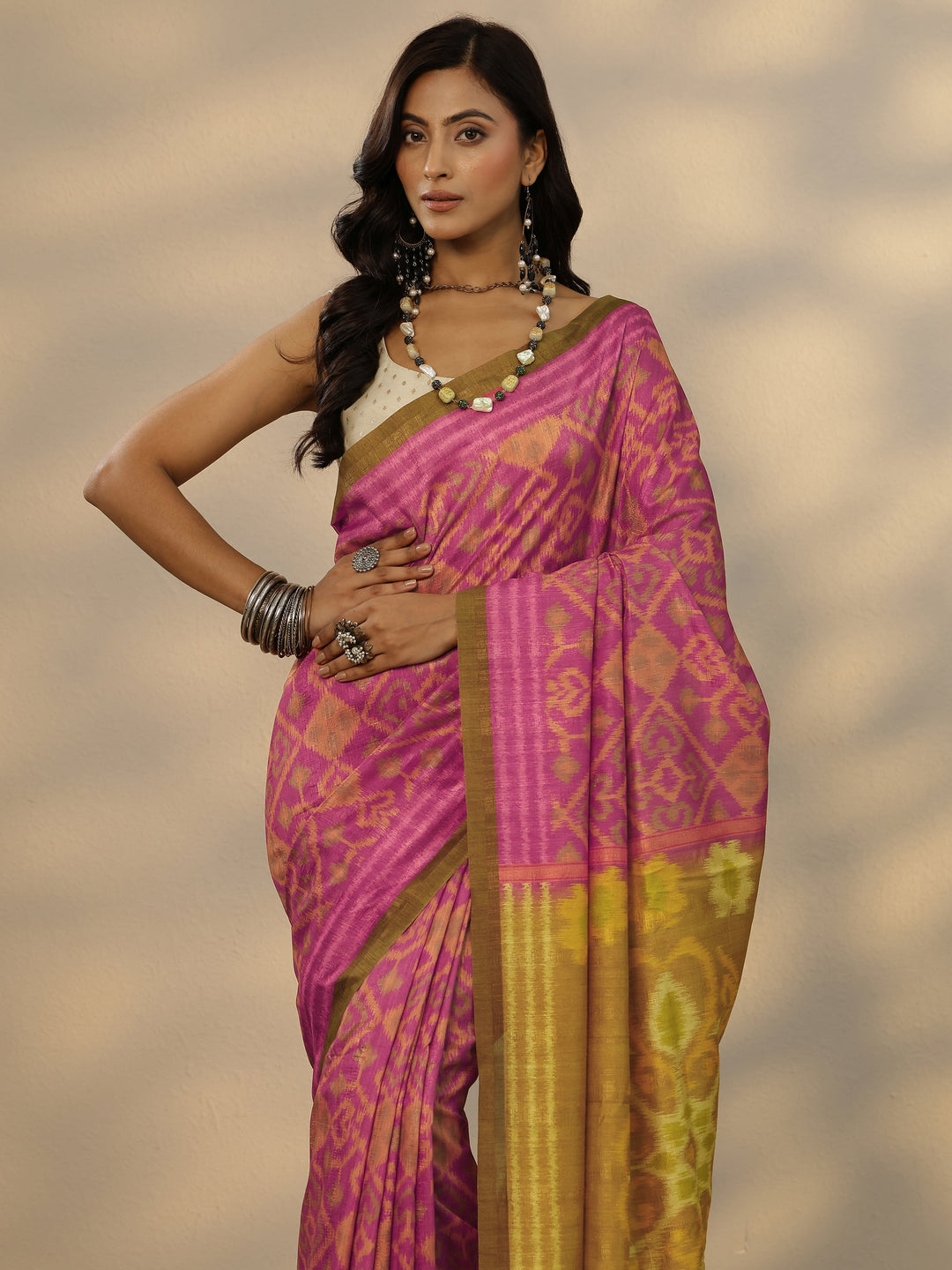  Pink Ikkat Printed Silk Blend Saree With Unstitched Blouse Piece 