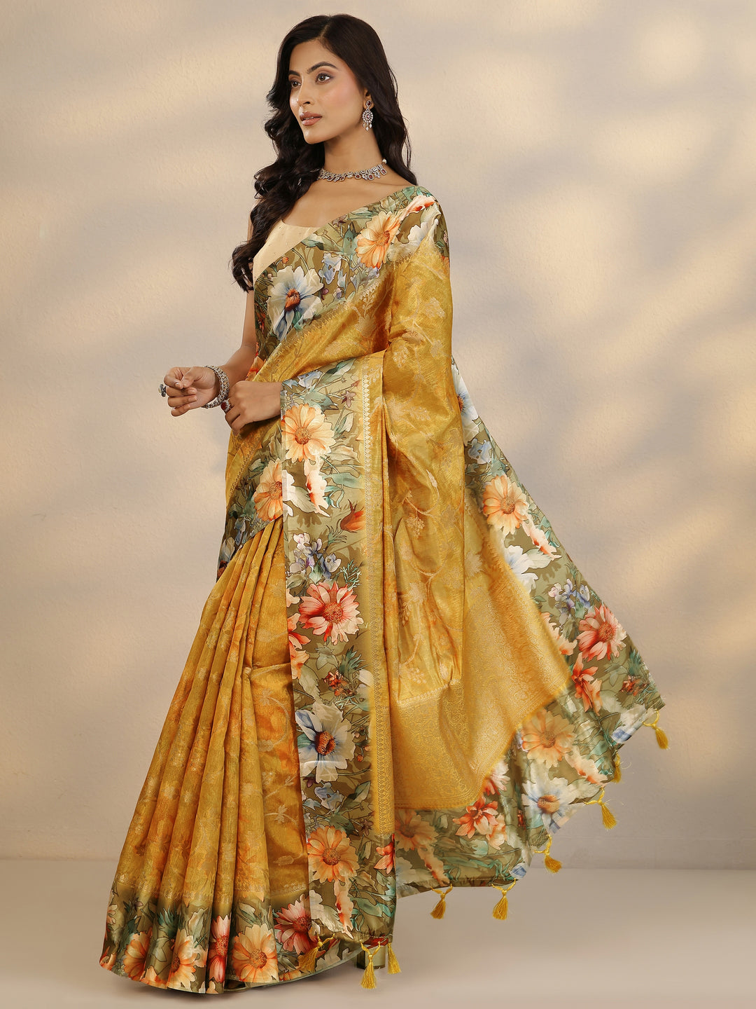 Mustard Woven Design Silk Blend Saree With Unstitched Blouse Piece 