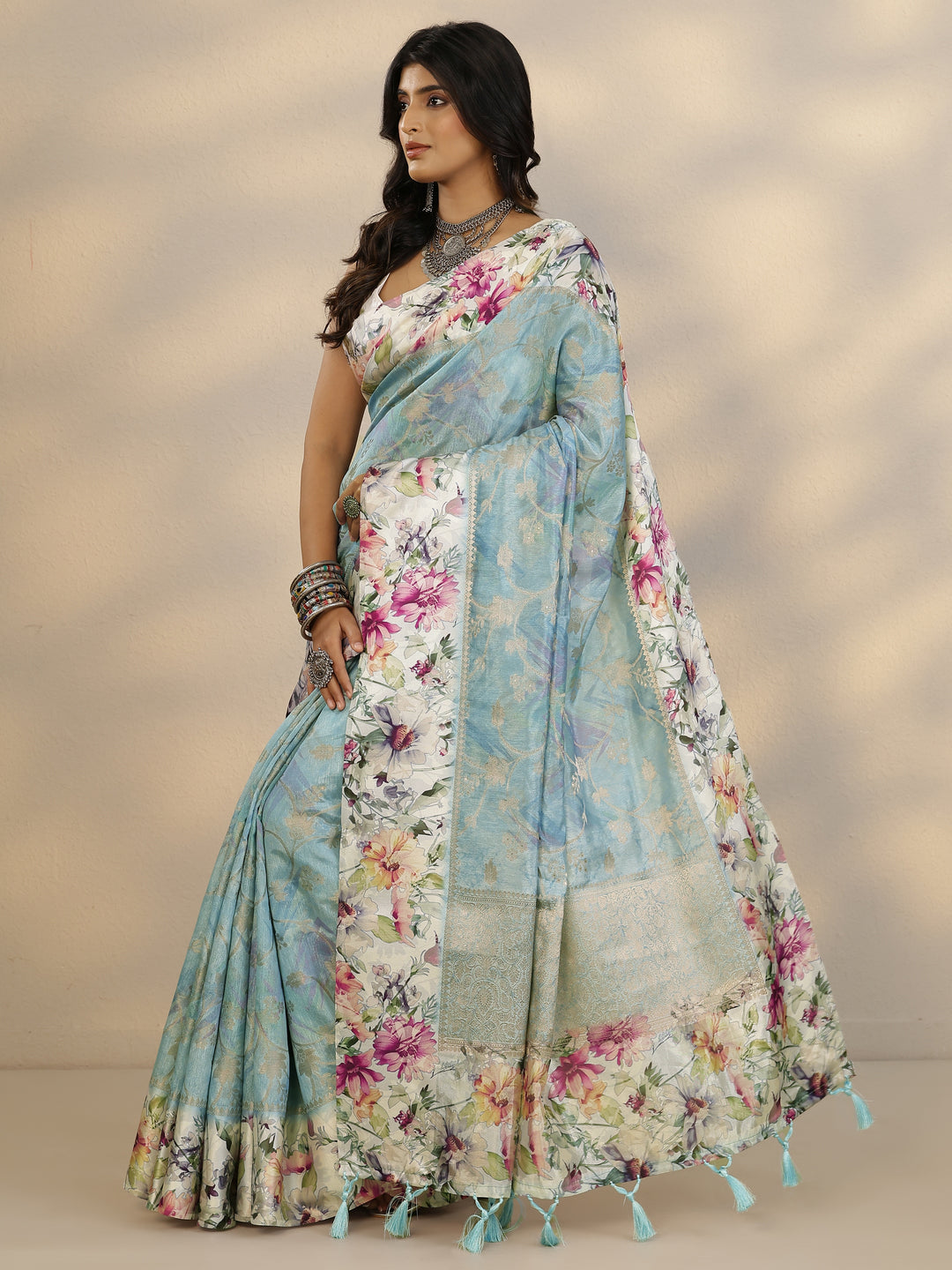 Blue Woven Design Silk Blend Saree With Unstitched Blouse Piece 