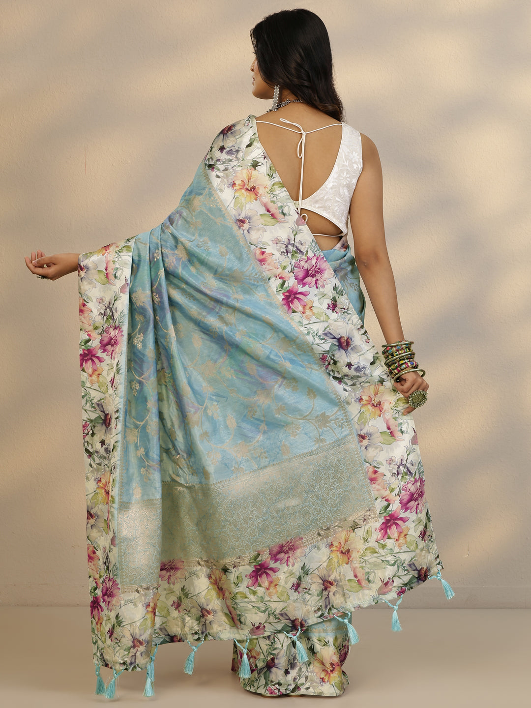  Blue Woven Design Silk Blend Saree With Unstitched Blouse Piece 