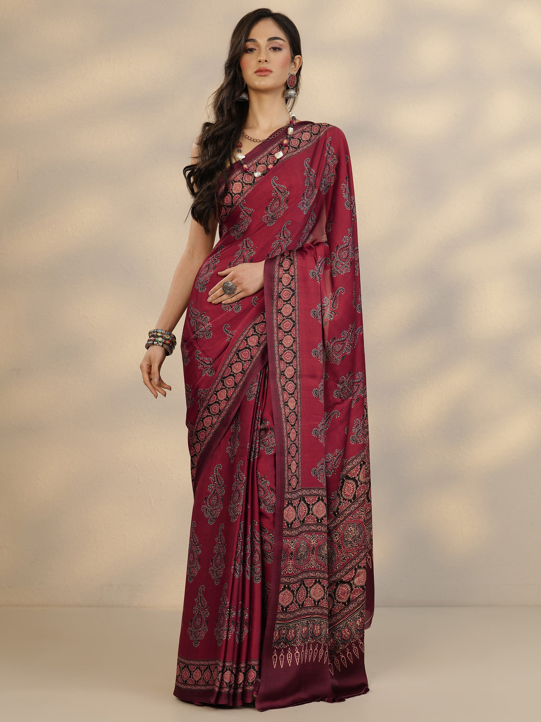  Red Printed Satin Saree With Unstitched Blouse Piece 