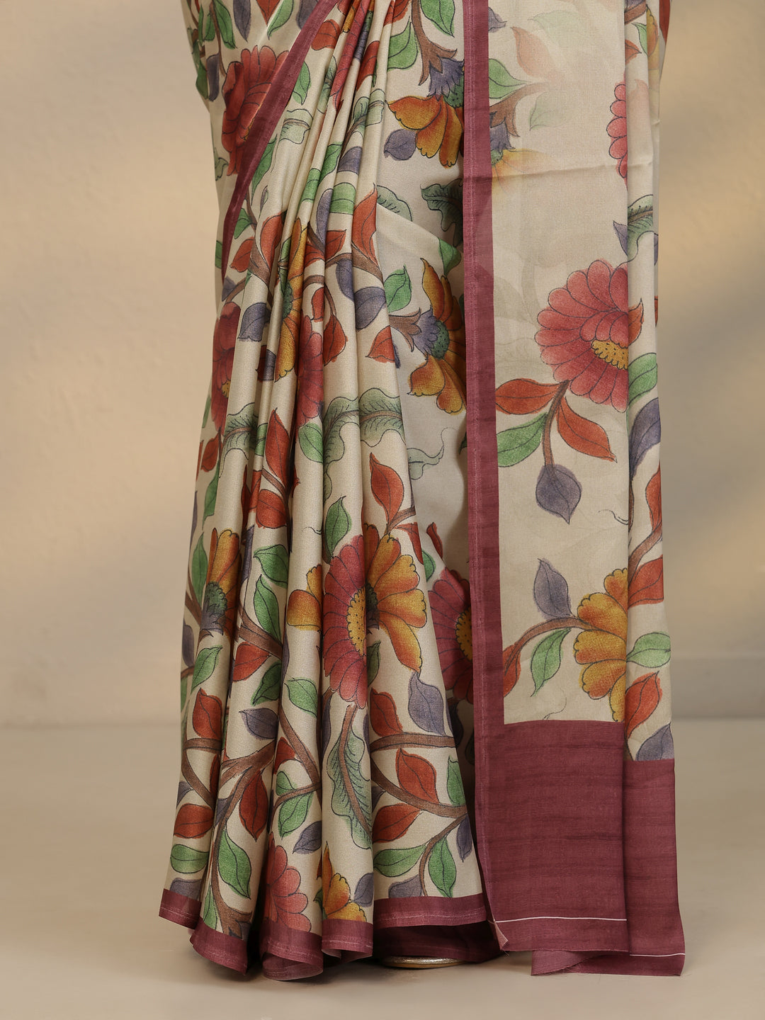  Beige Printed Satin Saree With Unstitched Blouse Piece 