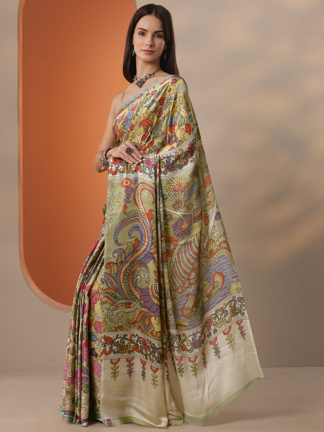  Mustard Printed Satin Saree With Unstitched Blouse Piece 