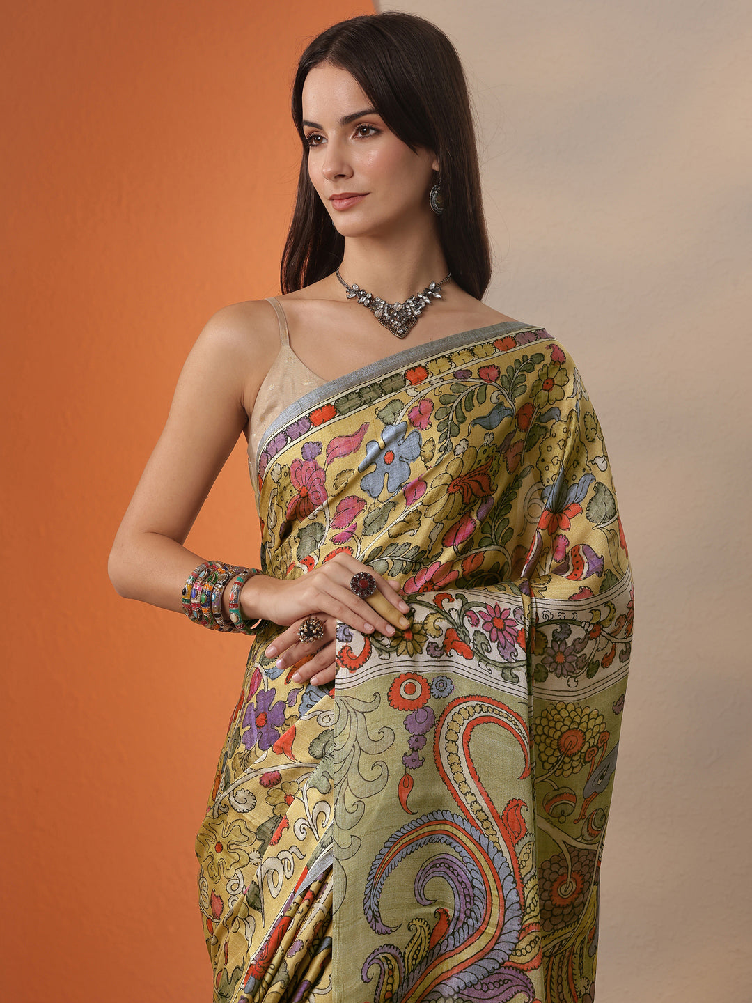  Mustard Printed Satin Saree With Unstitched Blouse Piece 
